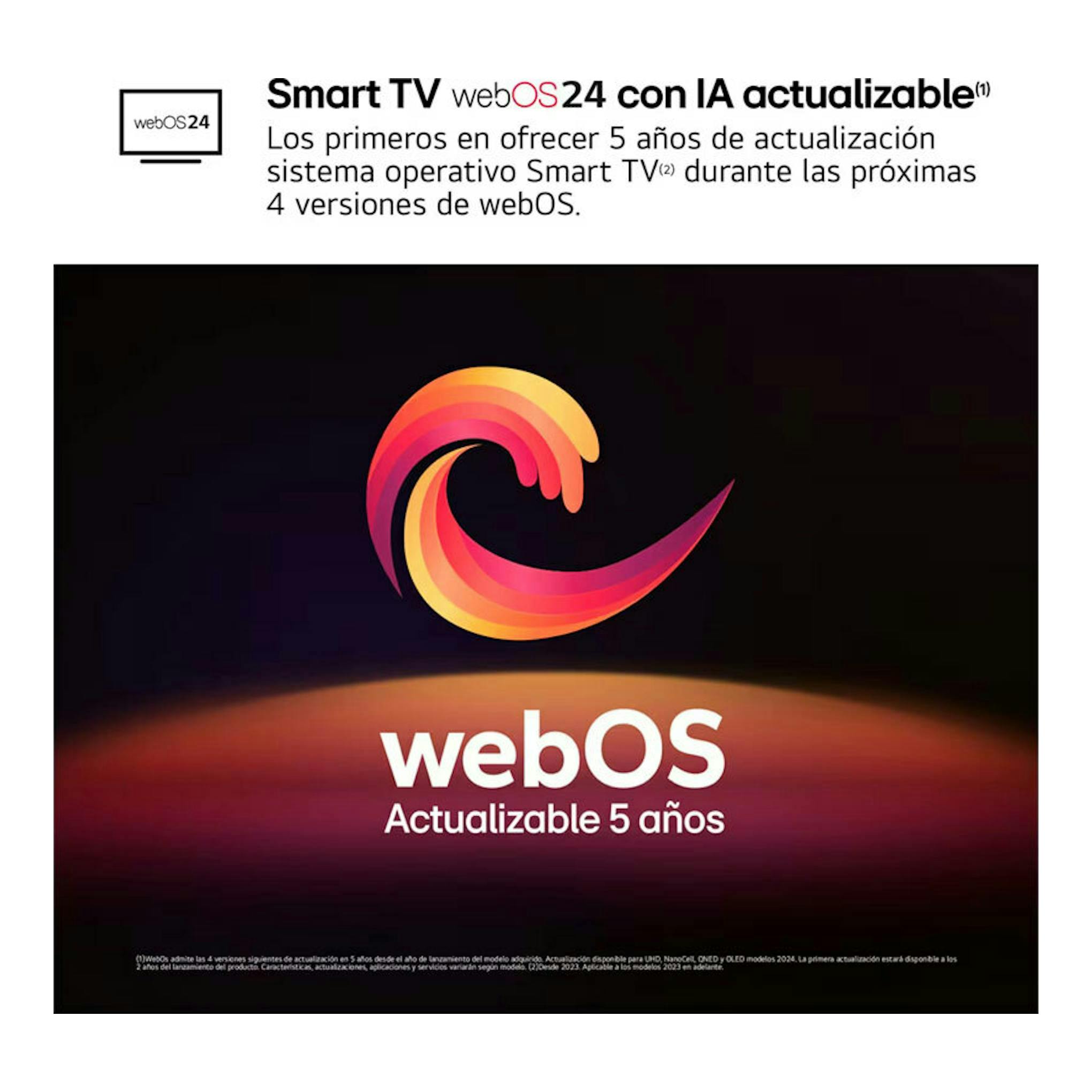 Gráfico promocional de LG webOS 24, con logo multicolor y texto sobre actualización de 5 años.