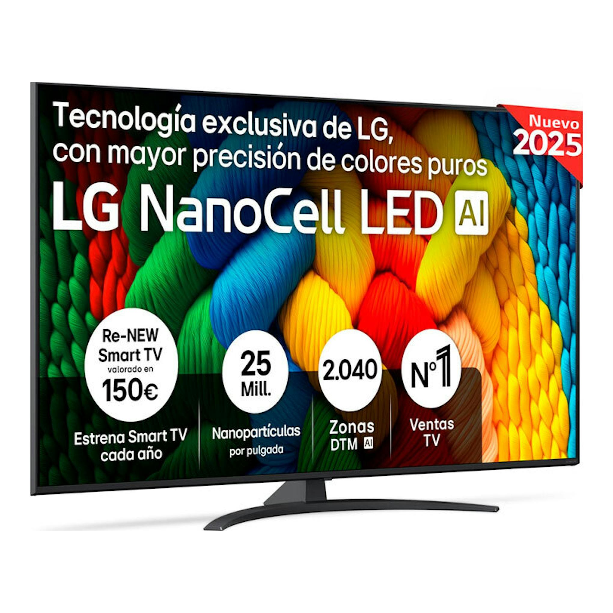 Televisor LG 65NANO81A6A NanoCell LED AI, vista frontal, con pantalla multicolor y base central.