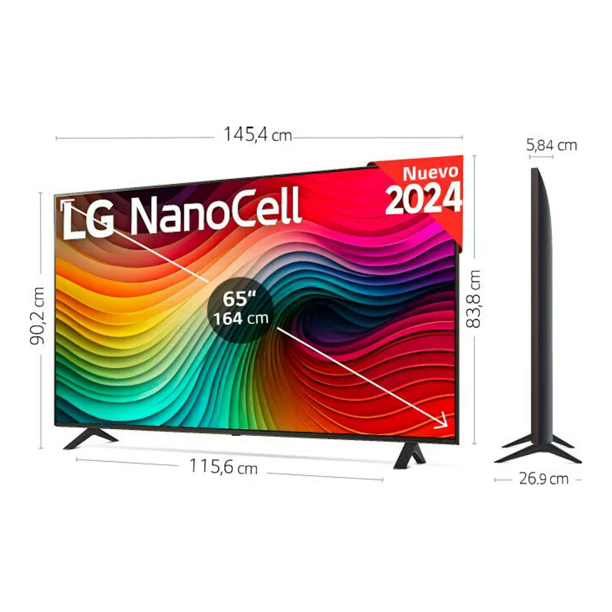 Televisor LG NanoCell 65NANO82T6B de 65", vista frontal y lateral, negro, con peana.
