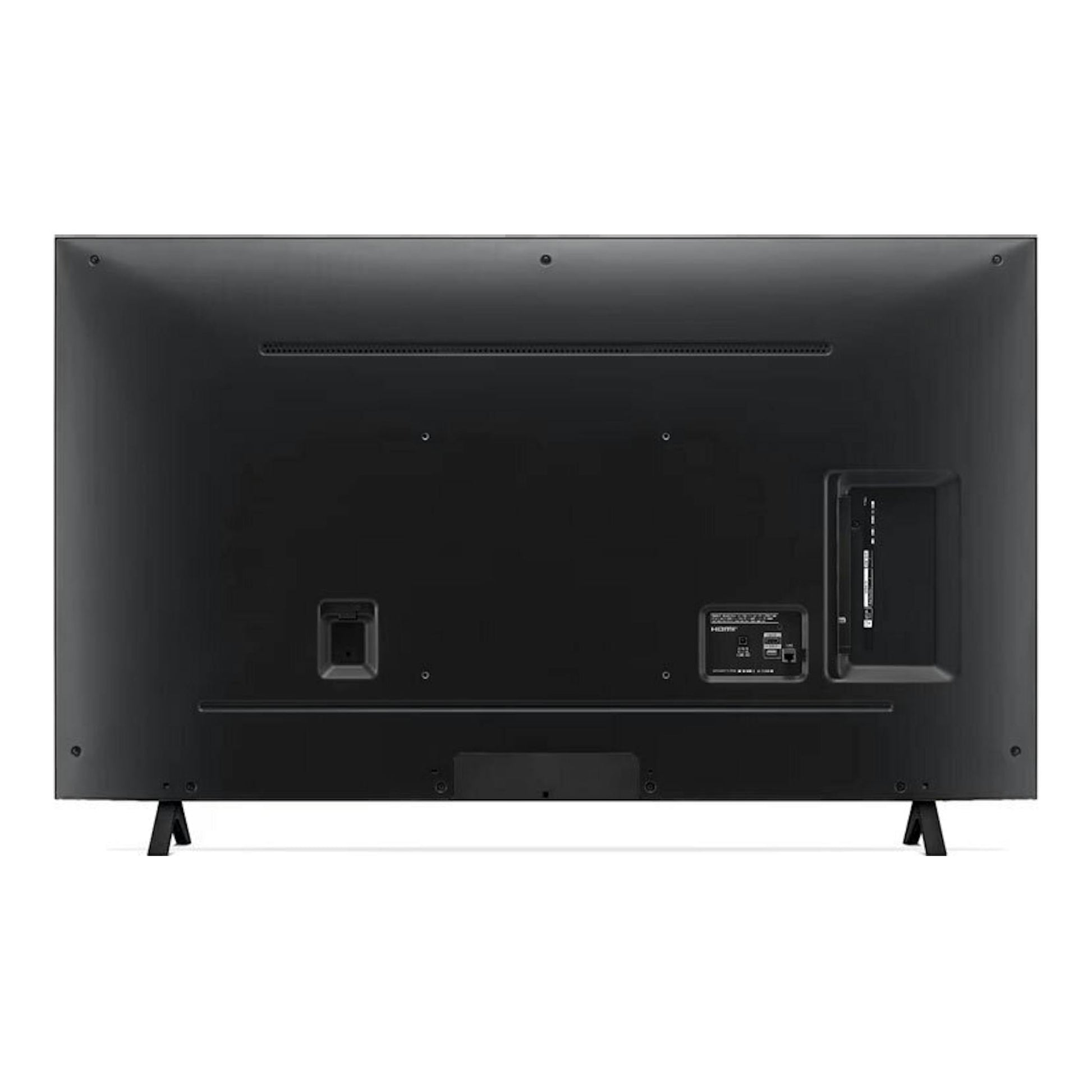 Parte trasera de un televisor LG 65NANO82T6B NanoCell 4K negro, con patas y puertos visibles.