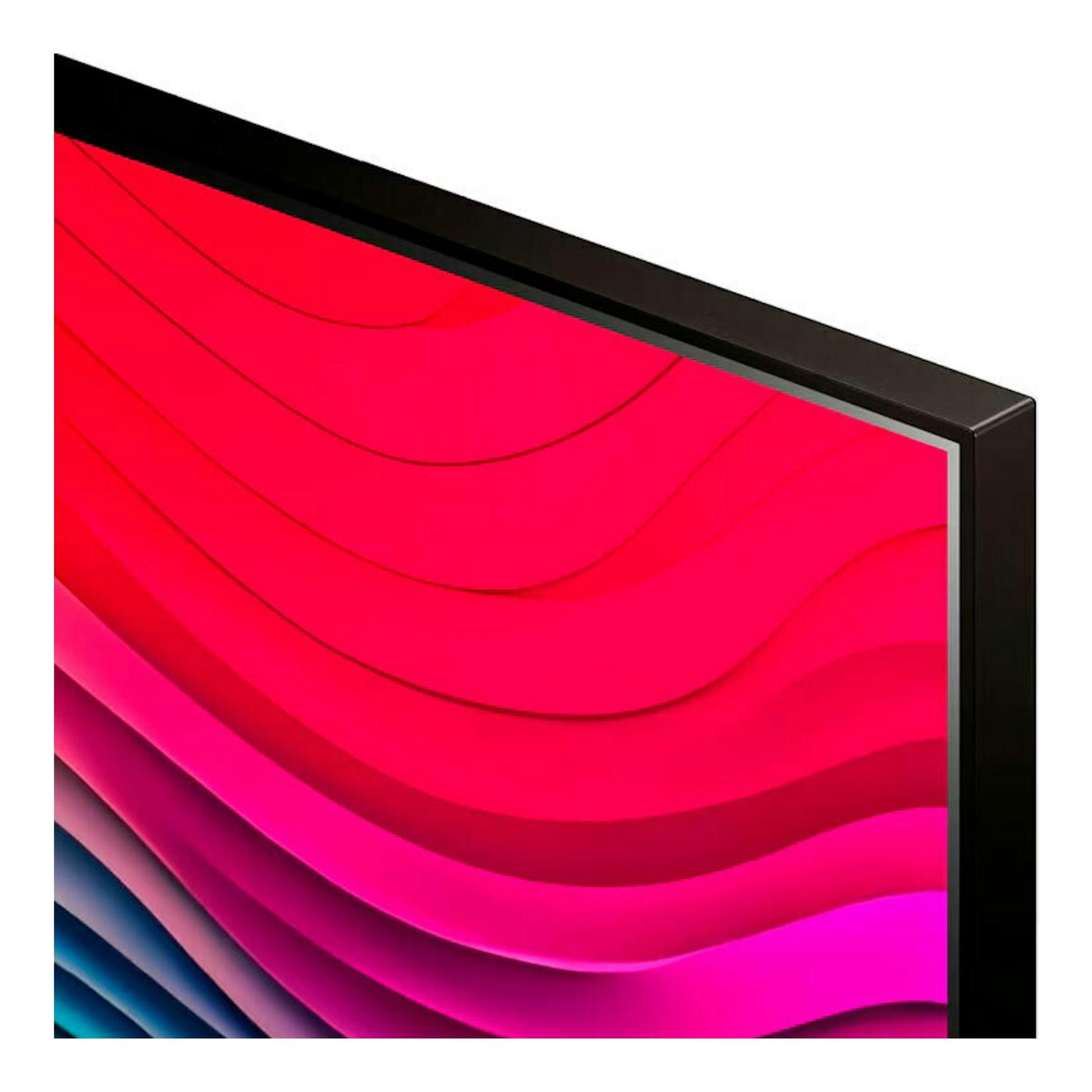 TV LG 65NANO82T6B NanoCell, vista en ángulo con marco negro y pantalla de ondas abstractas rosas y rojas.