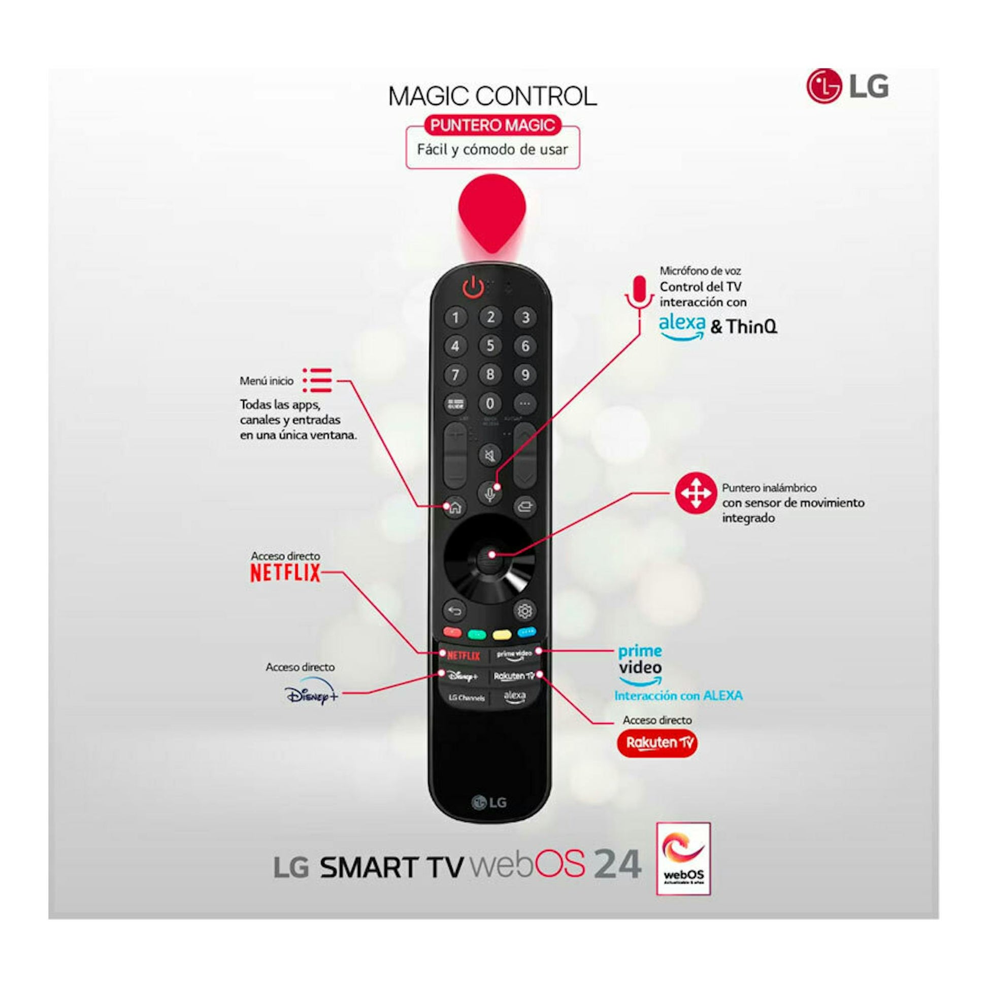 Mando LG Magic Control negro, vista frontal, con accesos a apps y webOS 24 sobre fondo claro.