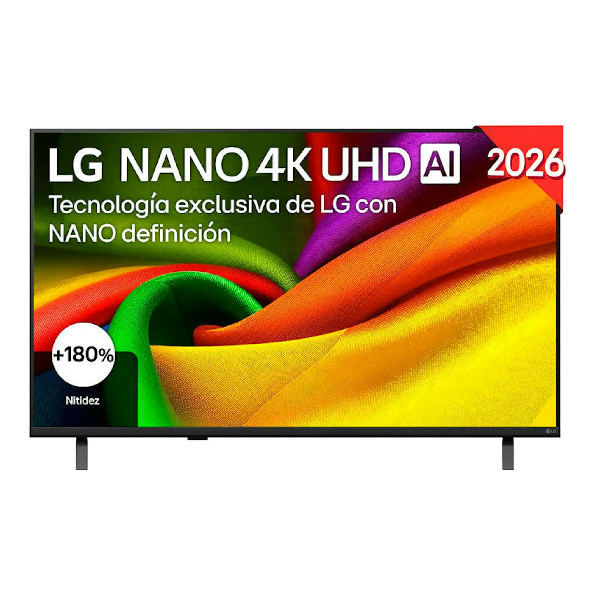 Televisor LG NANO 4K UHD AI 2026, vista frontal, pantalla multicolor, marco negro y dos patas.