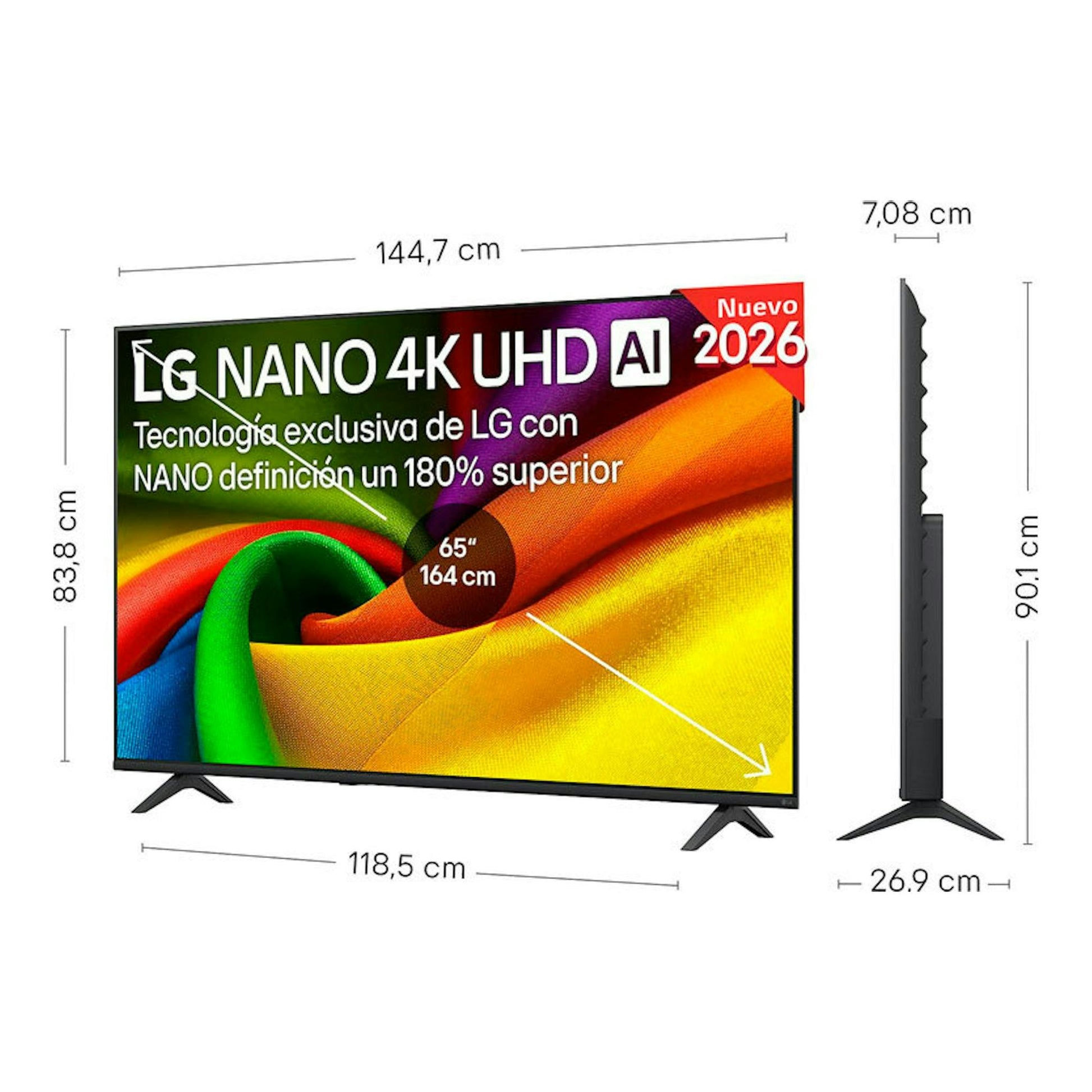 Televisor LG 65NU850B6LA de 65", vista frontal y lateral con medidas