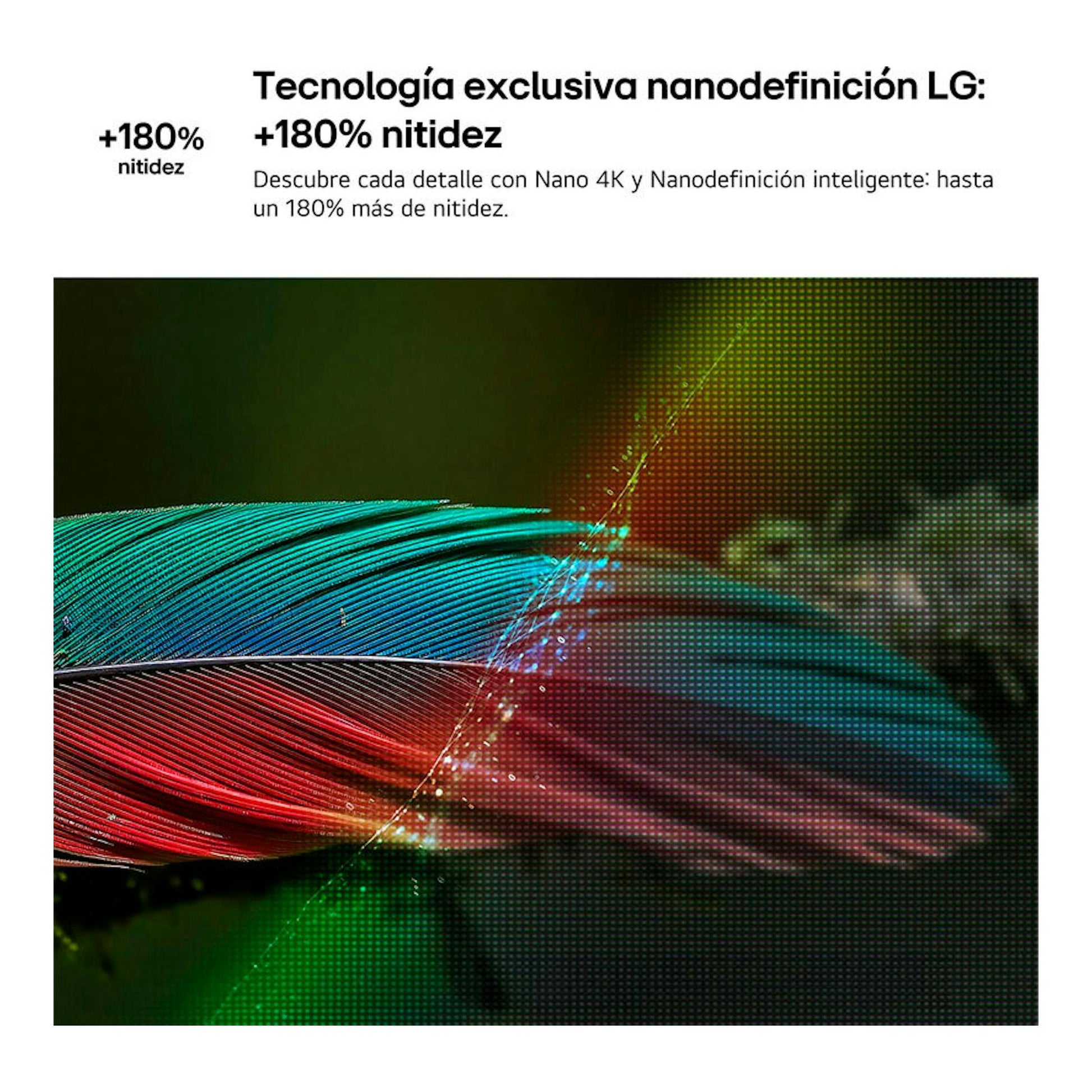Gráfico promocional del LG 65NU850B6LA con texto de nanodefinición y fondo abstracto de colores en primer plano.