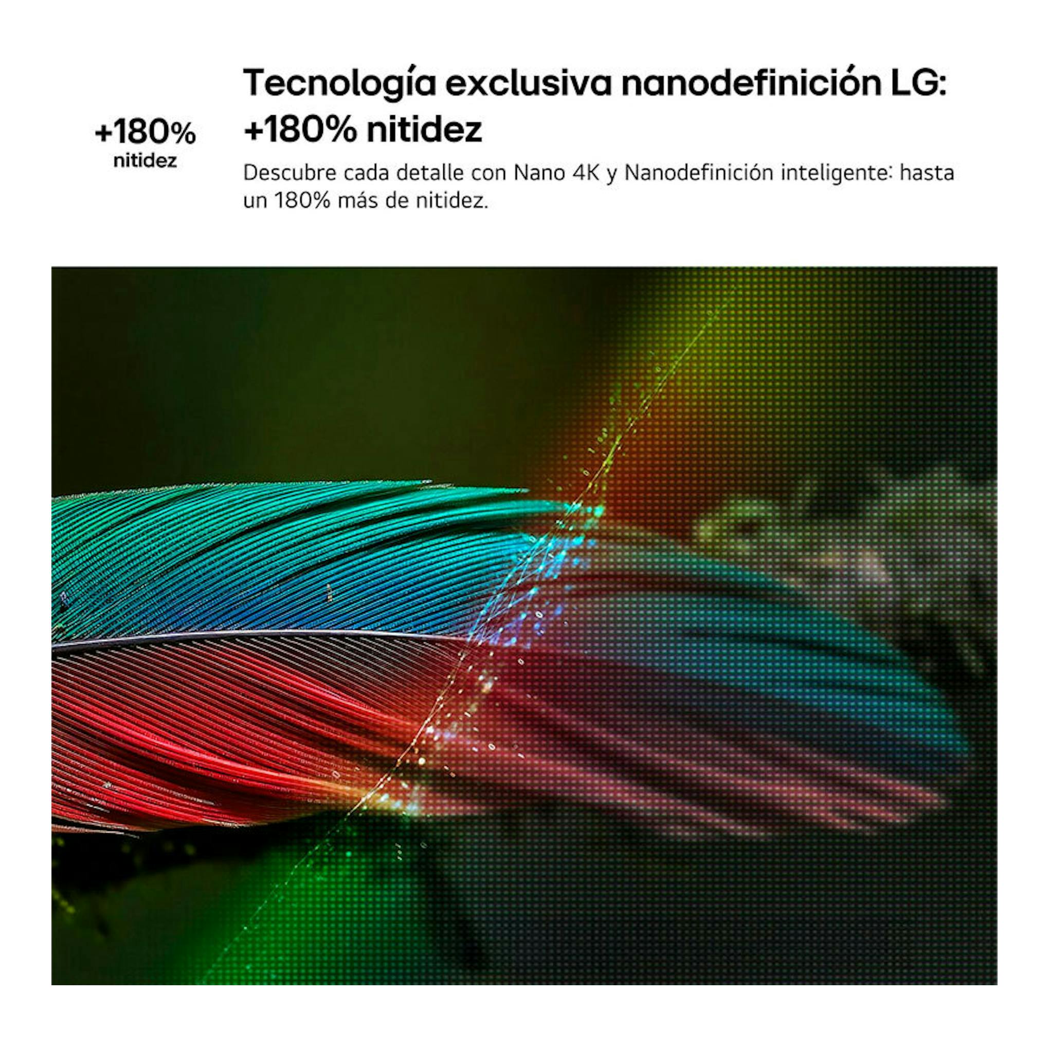 Gráfico promocional del LG 65NU850B6LA con texto de nanodefinición y fondo abstracto de colores en primer plano.