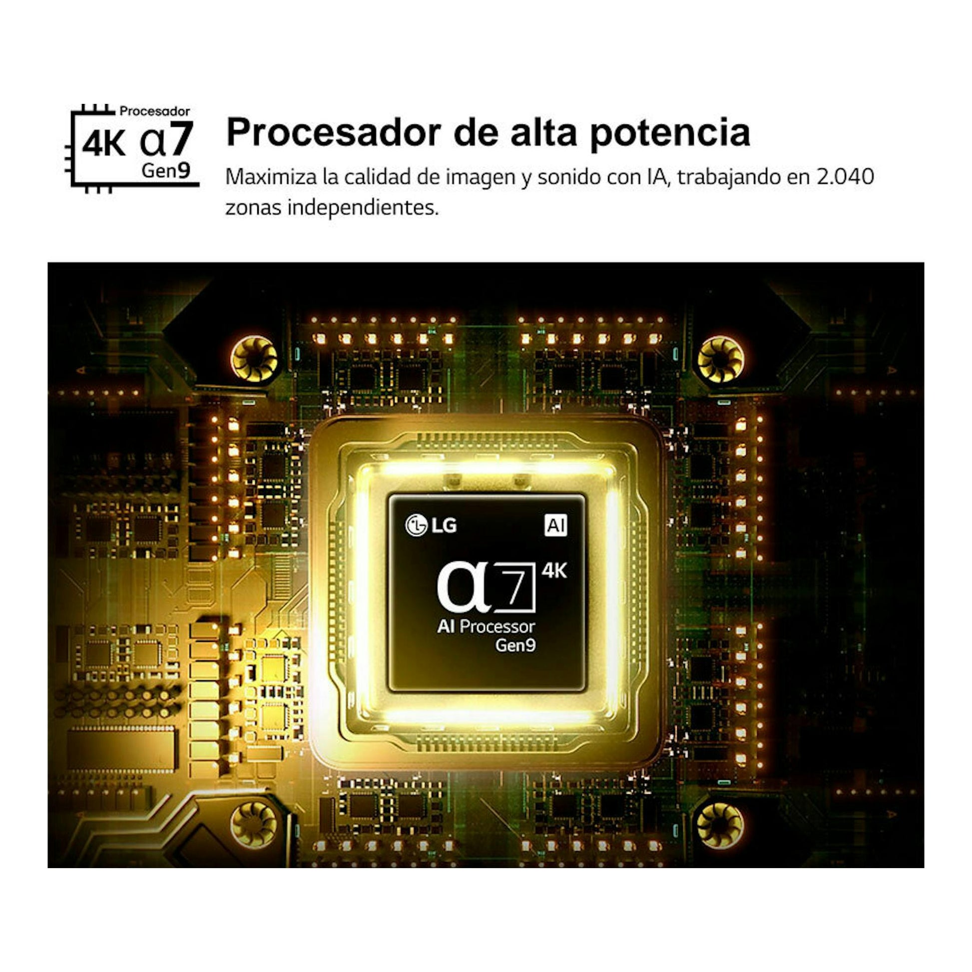 Gráfico del procesador LG α7 4K AI Gen9 sobre una placa electrónica con texto «Procesador de alta potencia».