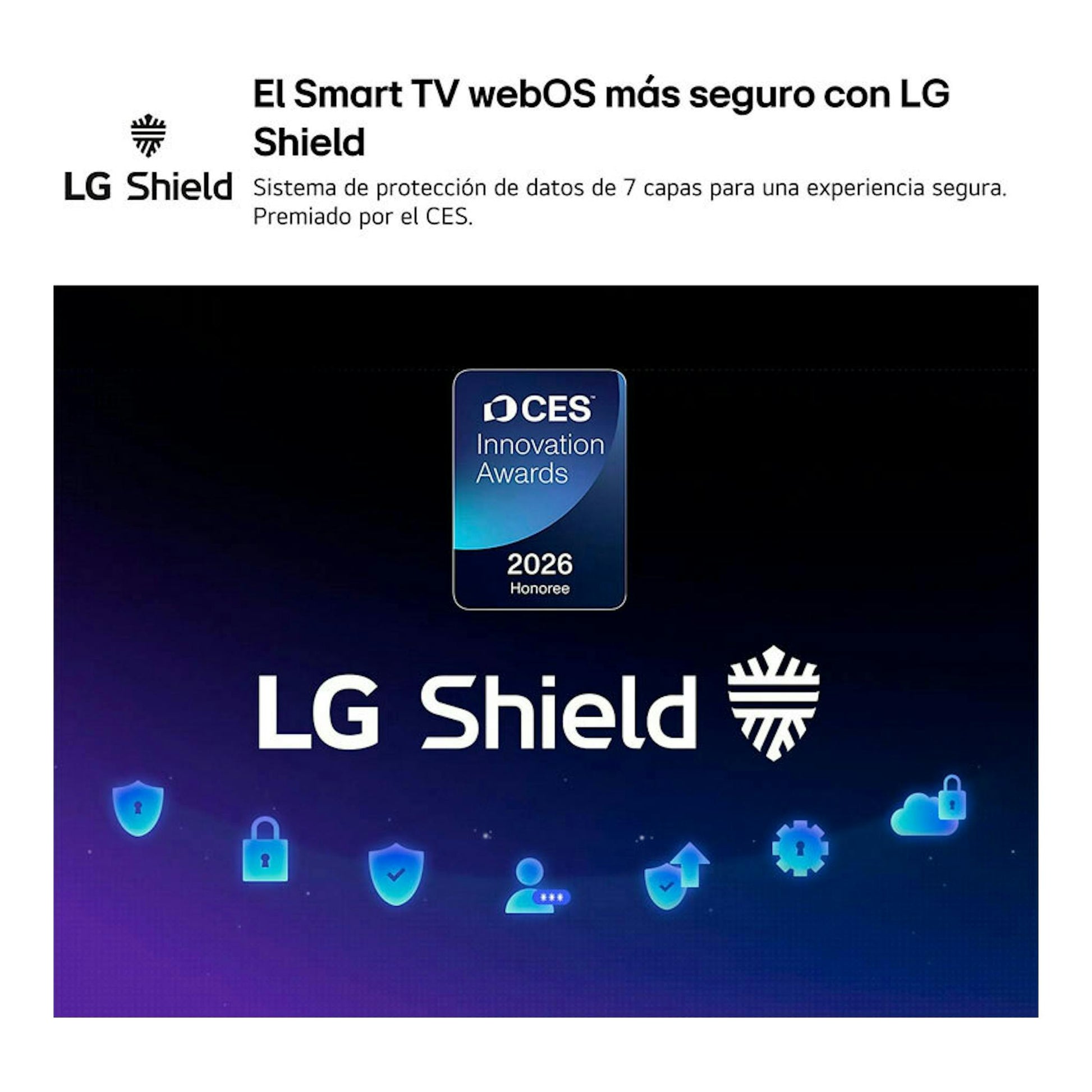 Banner de LG Shield para Smart TV webOS, con distintivo CES 2026 y fondo azul oscuro.