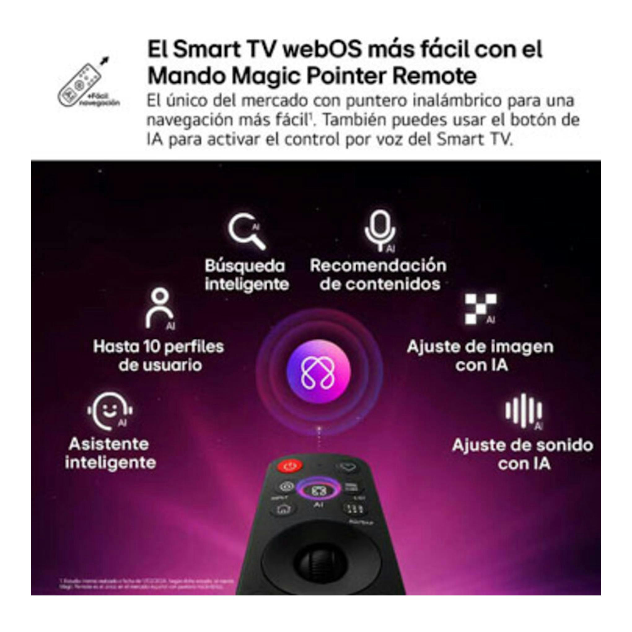 Gráfico promocional de LG webOS con mando Magic Pointer Remote negro, fondo morado y funciones de IA.
