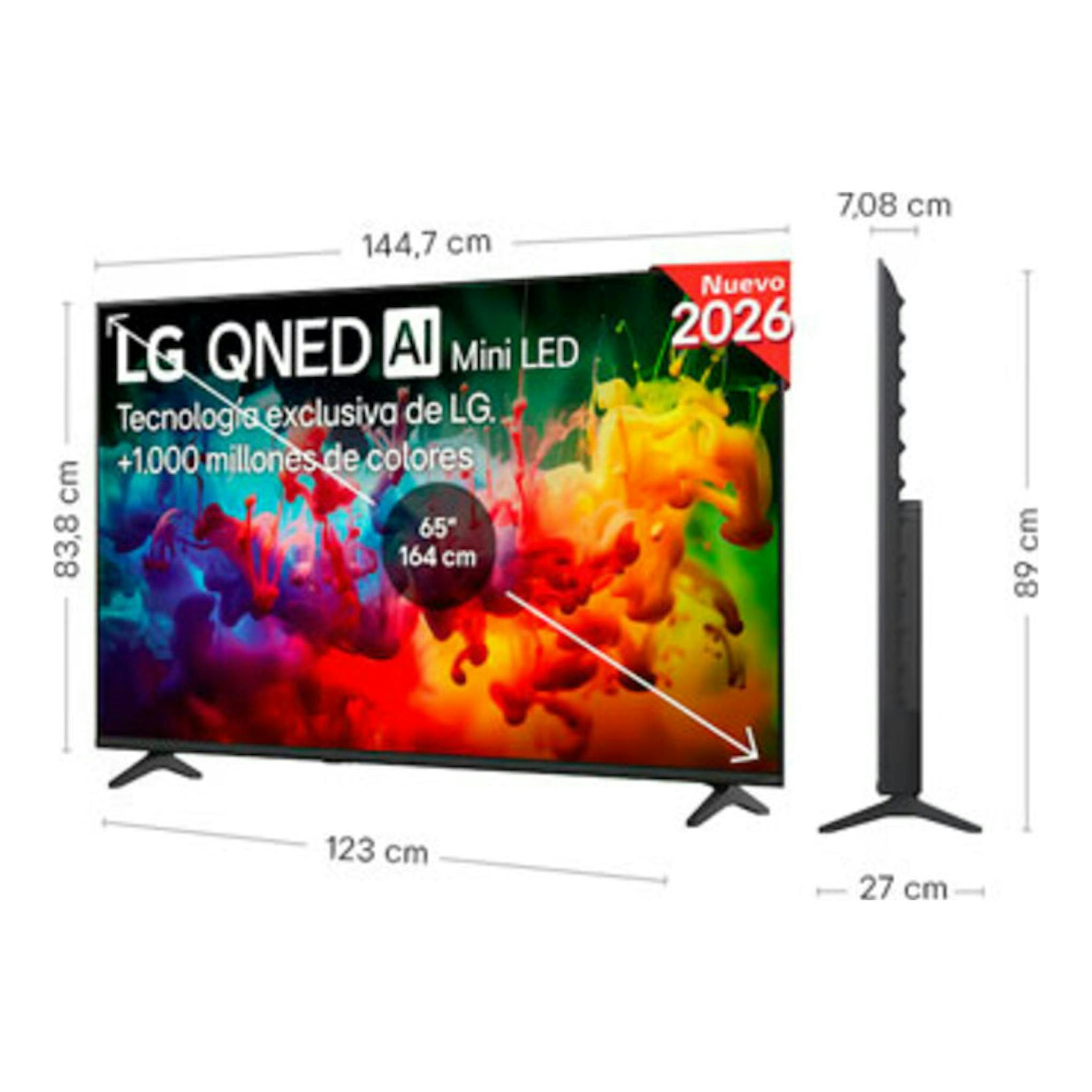 Televisor LG 65QNED70B6C QNED AI Mini LED, vista frontal y lateral, con peanas negras y medidas.