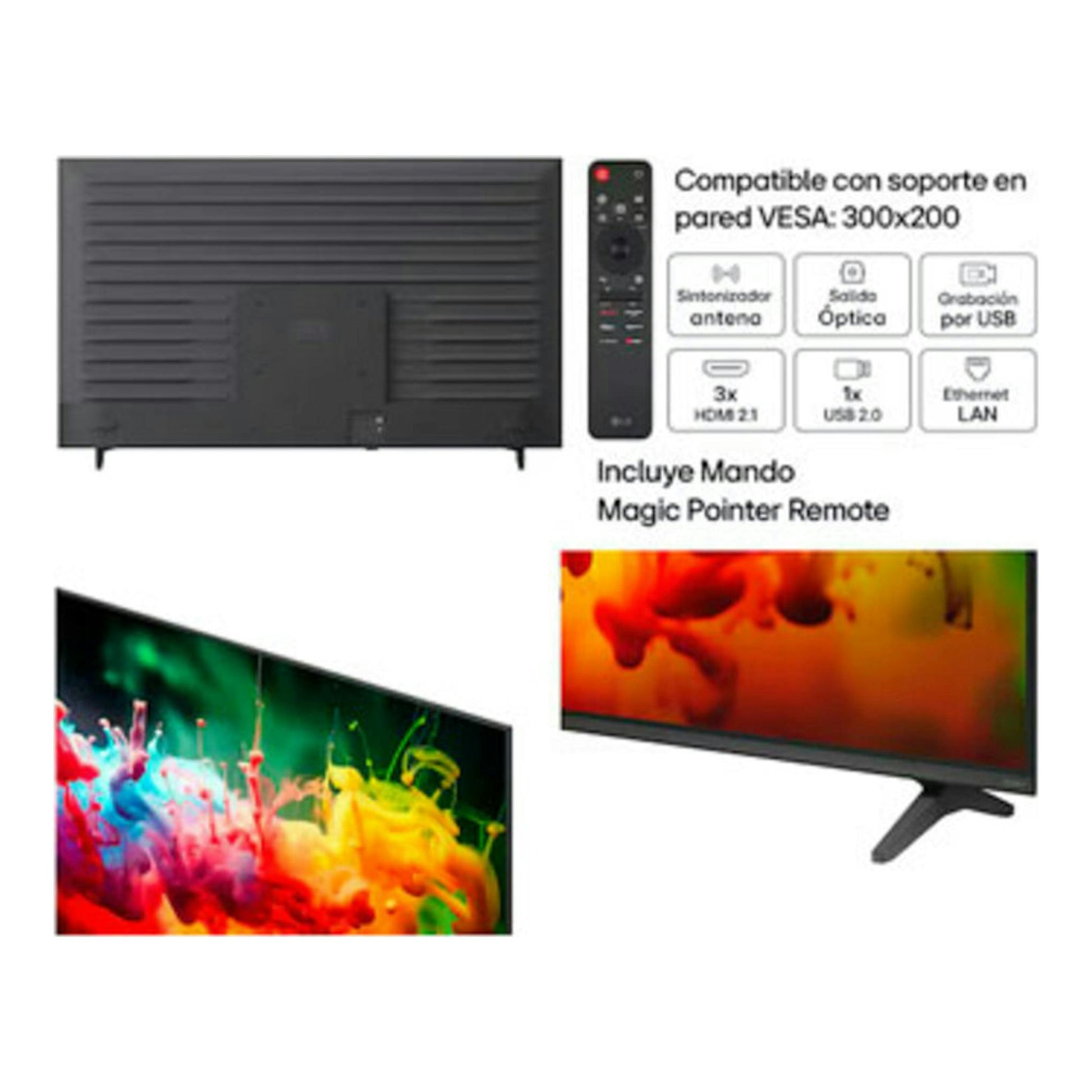 Televisor LG 65QNED70B6C negro, vista trasera y frontal, con mando y soporte de patas.