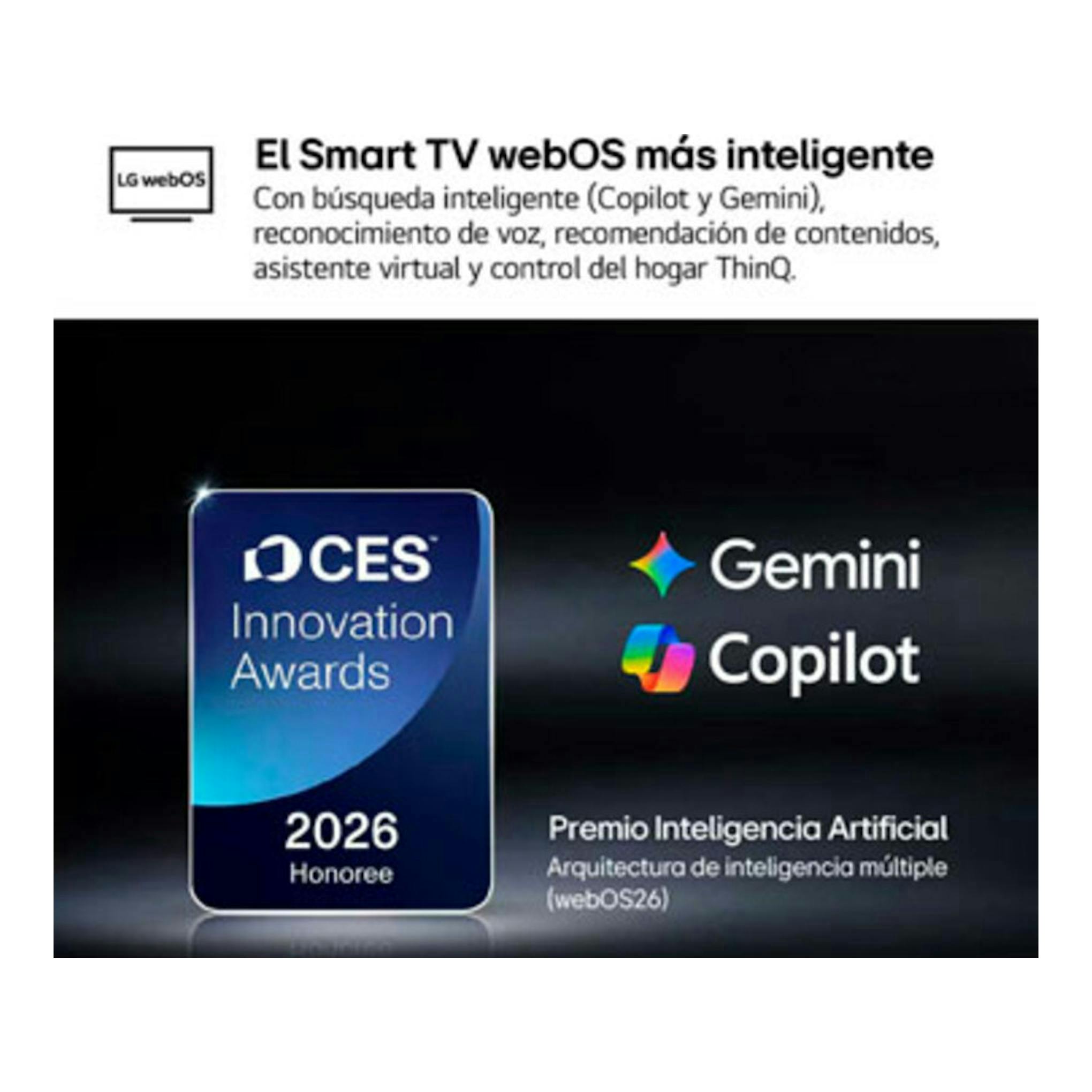 Gráfico promocional de LG webOS Smart TV con logos de Gemini y Copilot y premio CES Innovation Awards 2026.