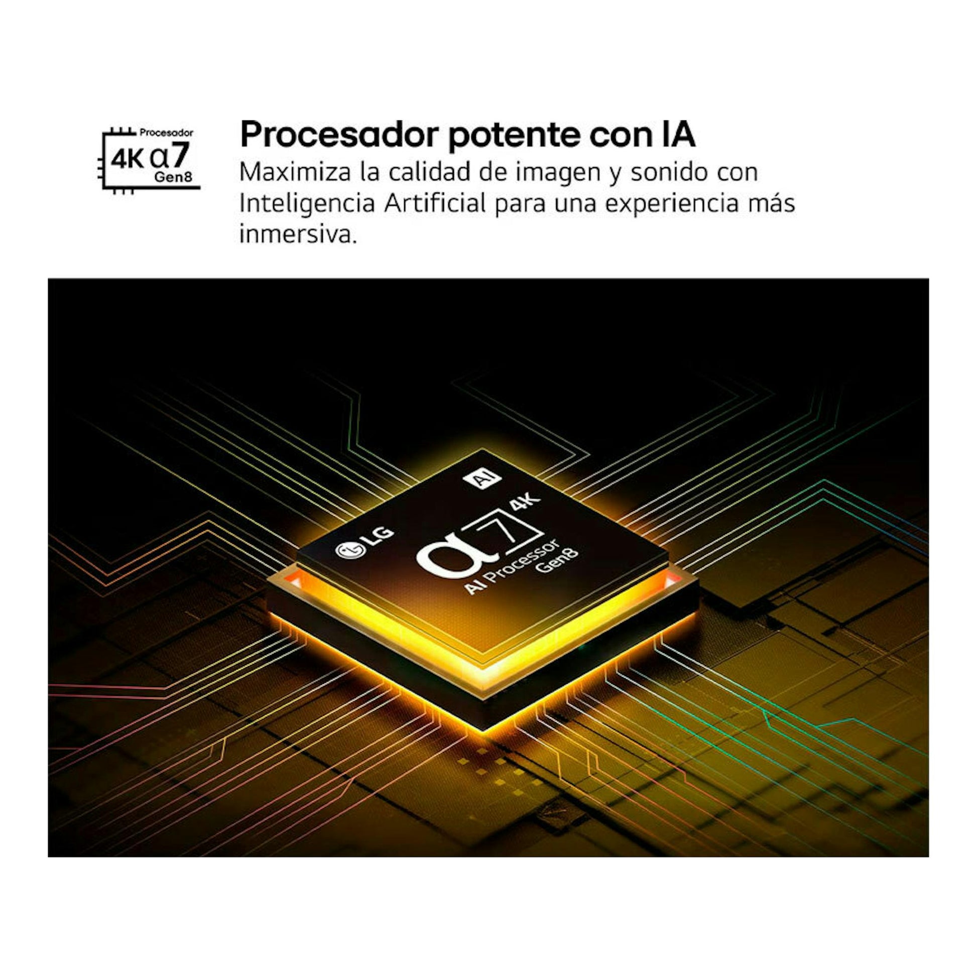 Gráfico promocional de LG con chip AI Processor α7 Gen8 y texto en español sobre procesador con IA.