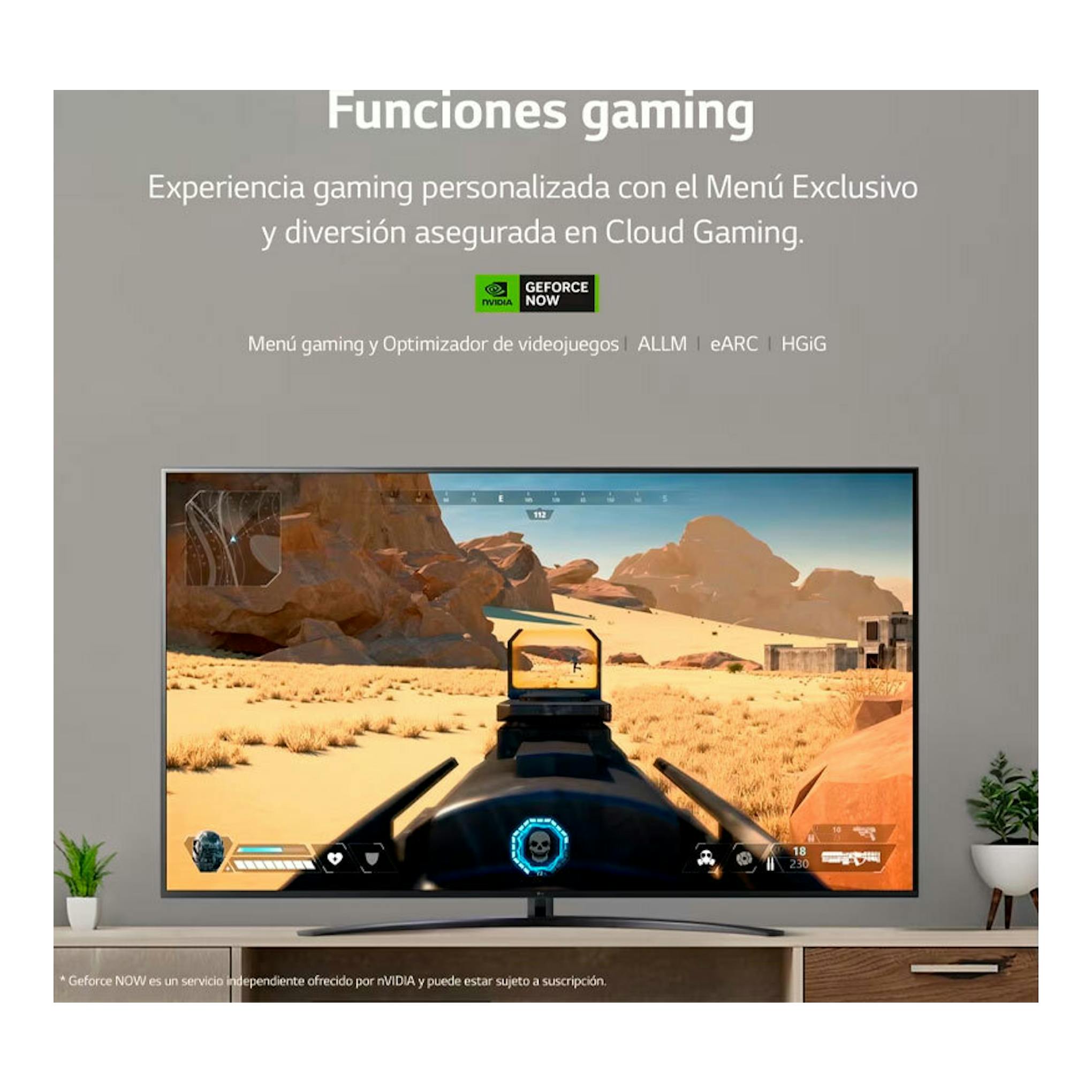 TV LG 65UR78006LK 4K, vista frontal, con juego en primera persona y texto sobre funciones gaming.