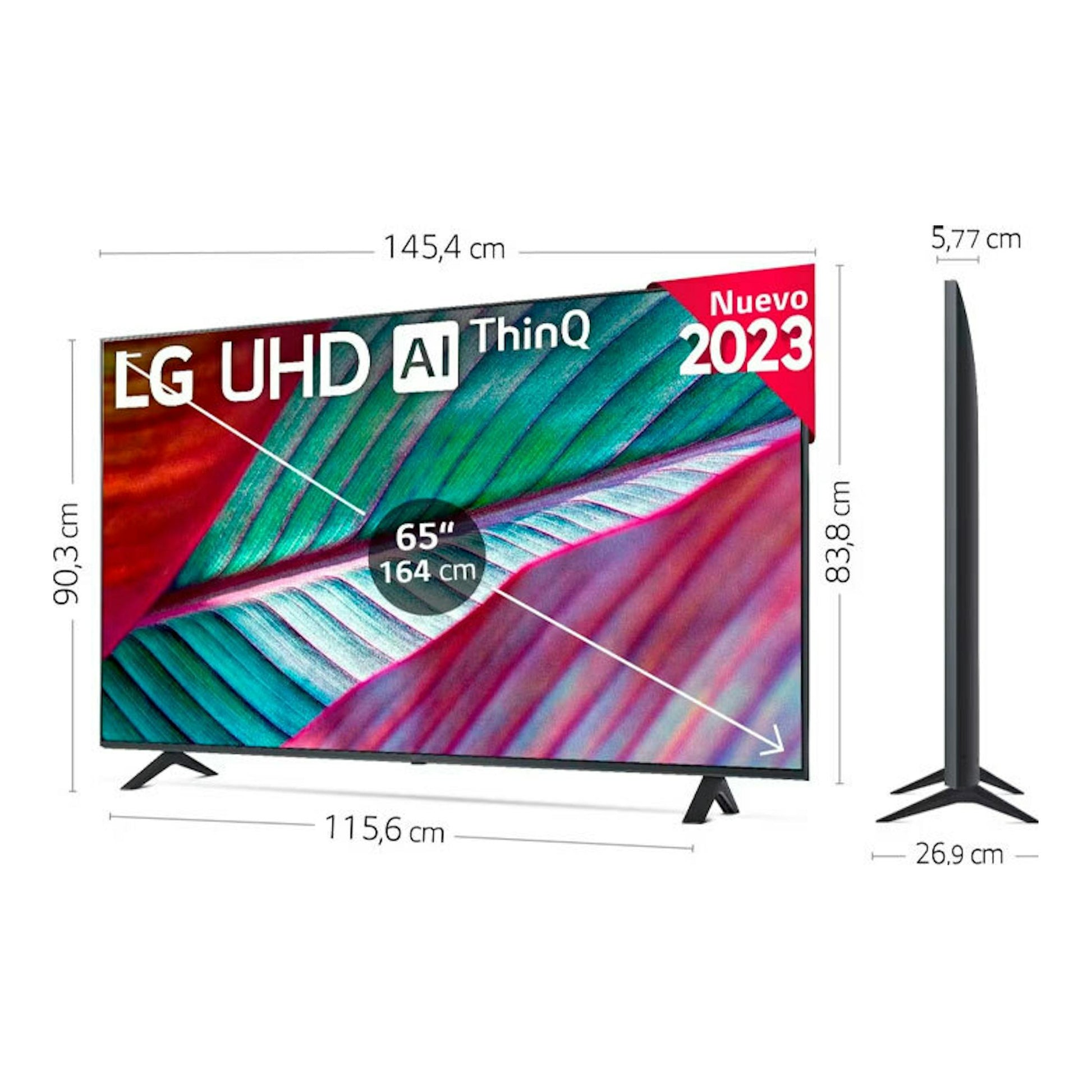 TV LG 65UR78006LK UHD AI ThinQ de 65", vista frontal y lateral, con soporte negro.