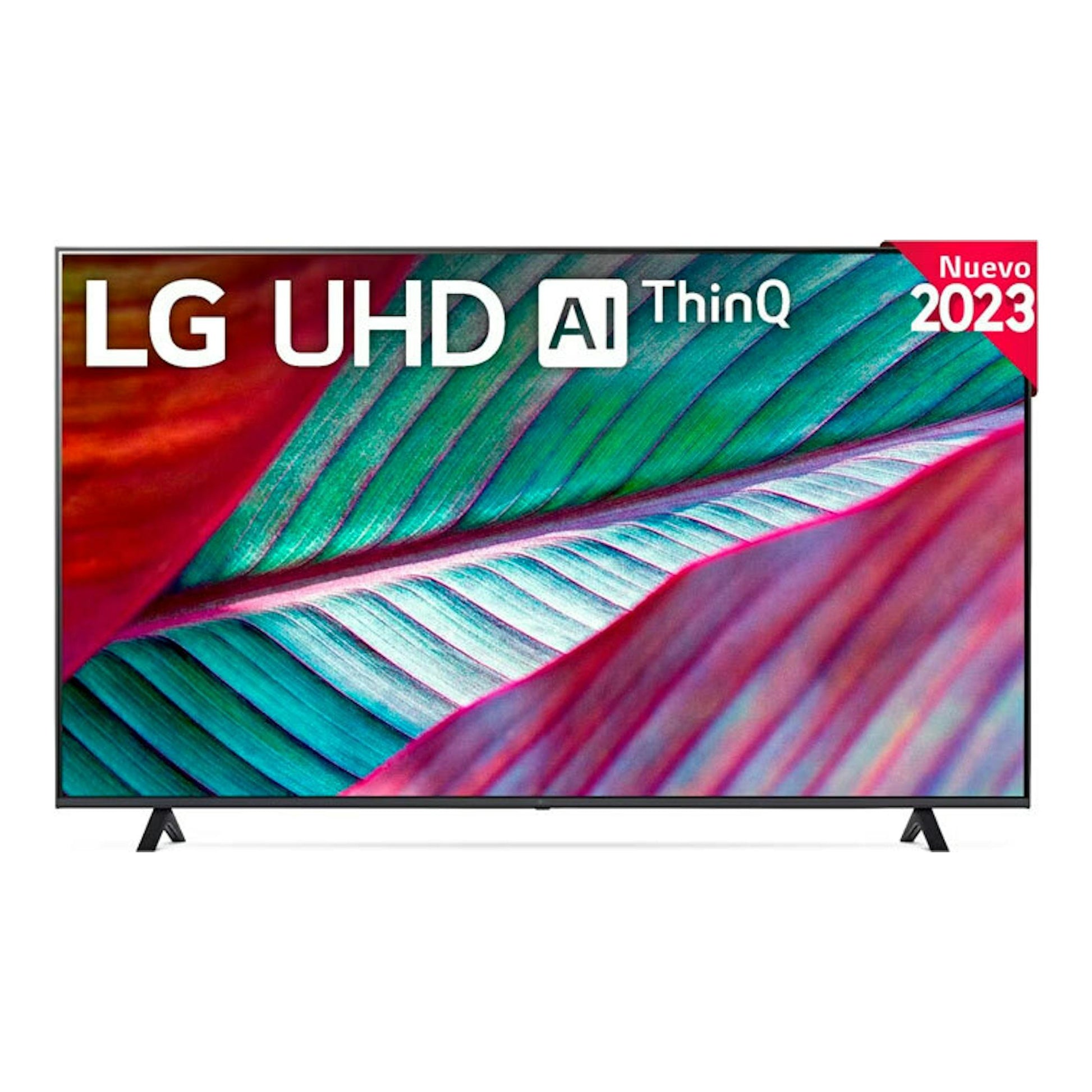 TV LG 65UR78006LK UHD AI ThinQ de 65", vista frontal, con pantalla multicolor y patas negras.