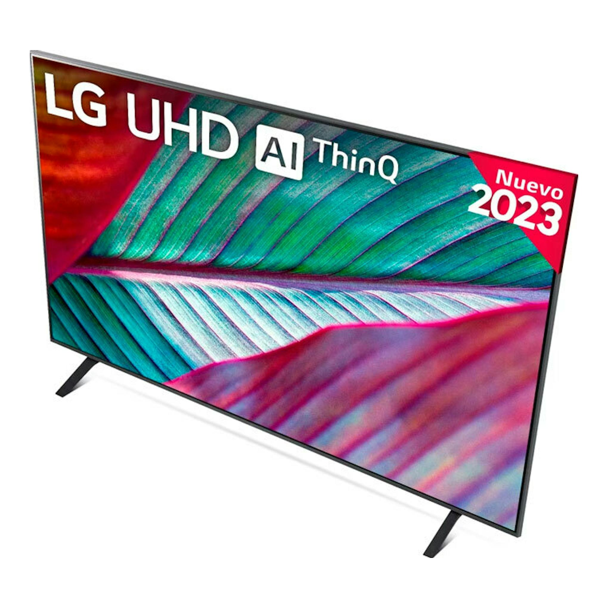 Televisor LG 65UR78006LK UHD 4K de 65", en vista en ángulo sobre fondo blanco.