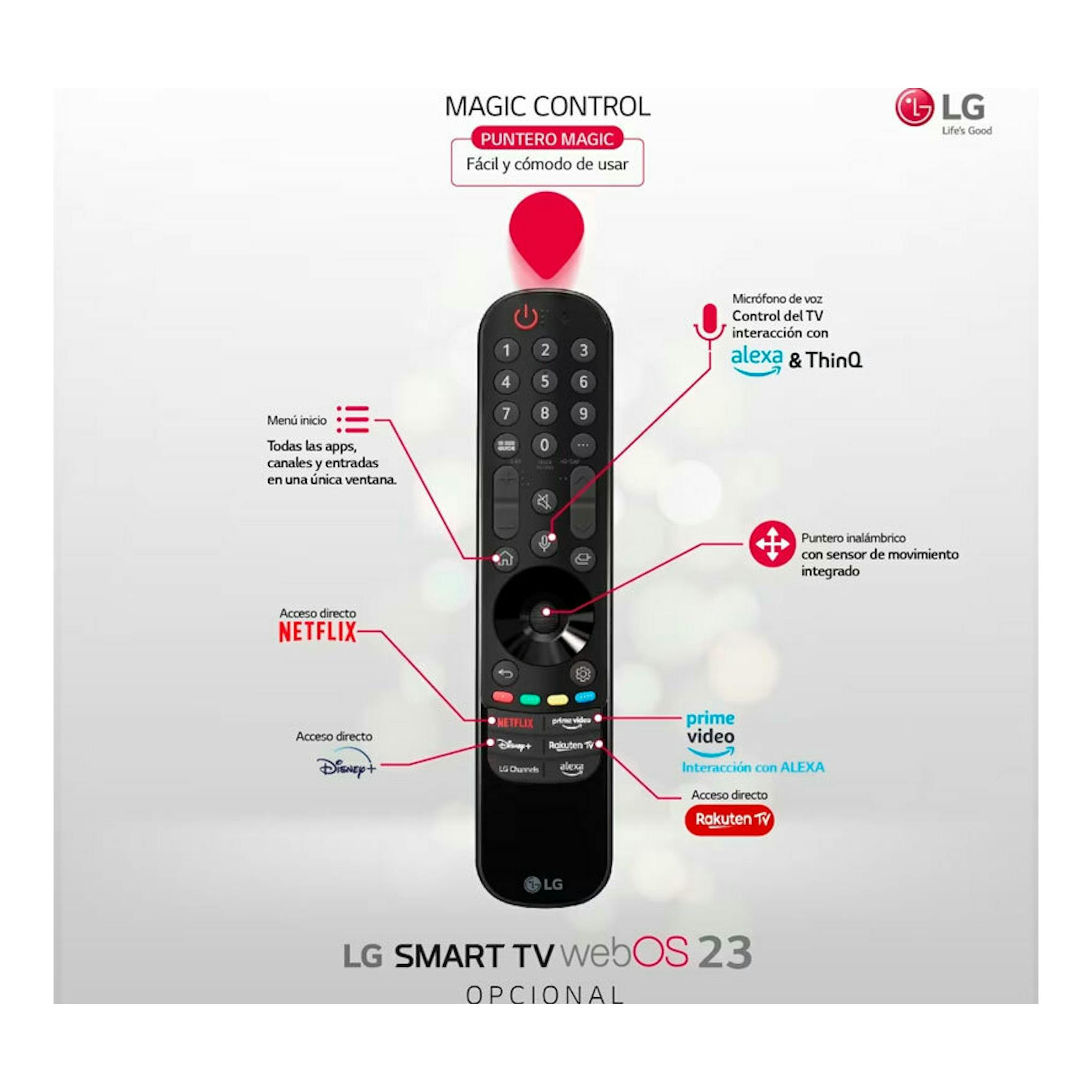 Mando LG Magic Control negro, vista frontal, con botones numéricos y rueda central; webOS 23 opcional.