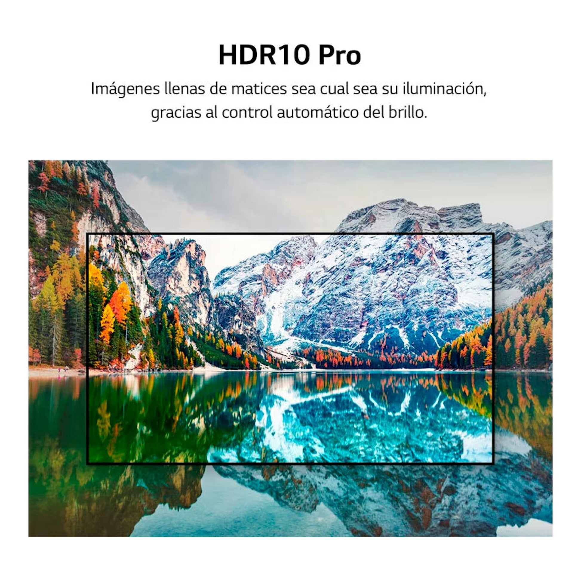 TV LG 65UR78006LK, vista frontal, con paisaje HDR10 Pro de montaña y lago.