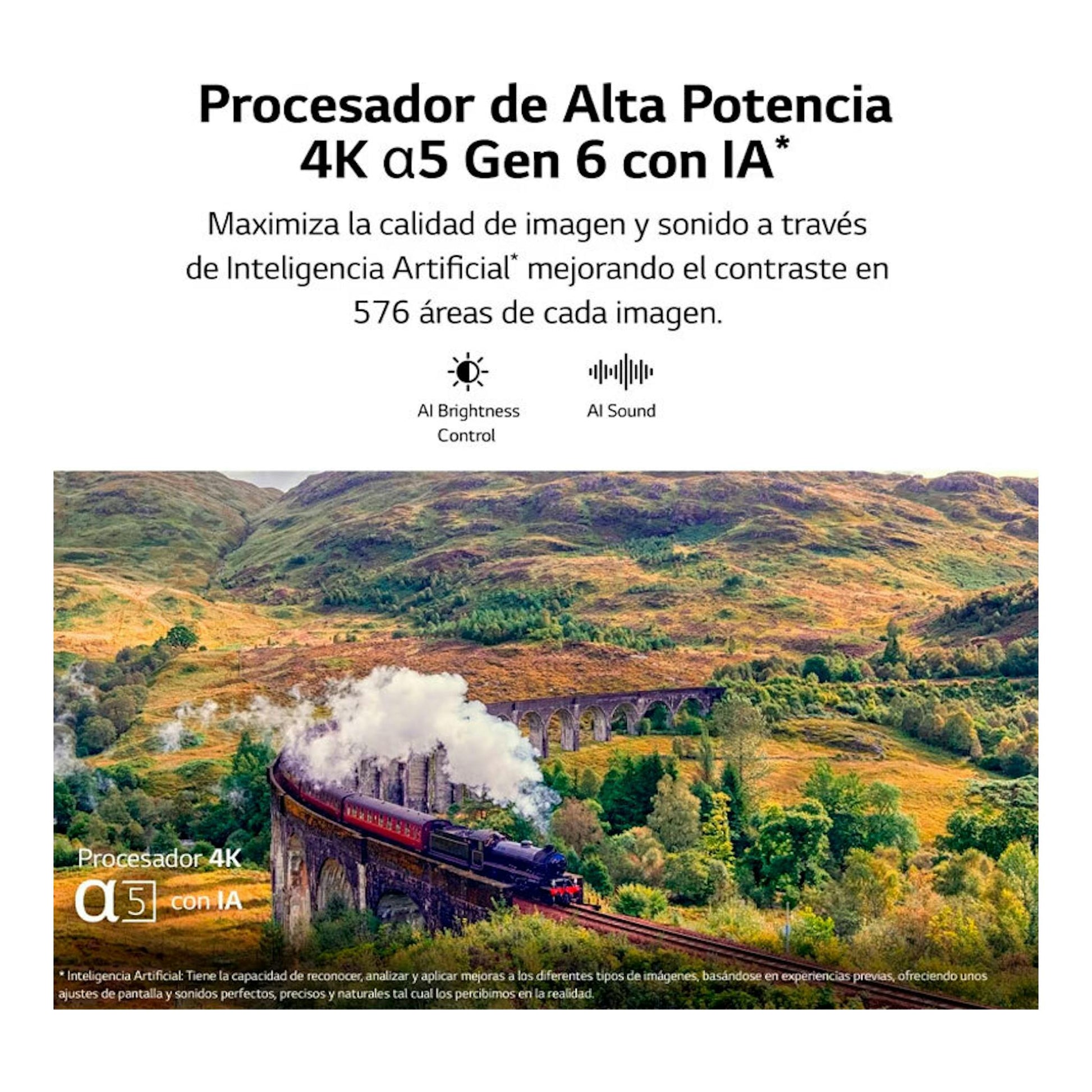 Gráfico promocional frontal de LG 65UR78006LK 4K, con texto sobre procesador α5 Gen6 e imagen de tren.