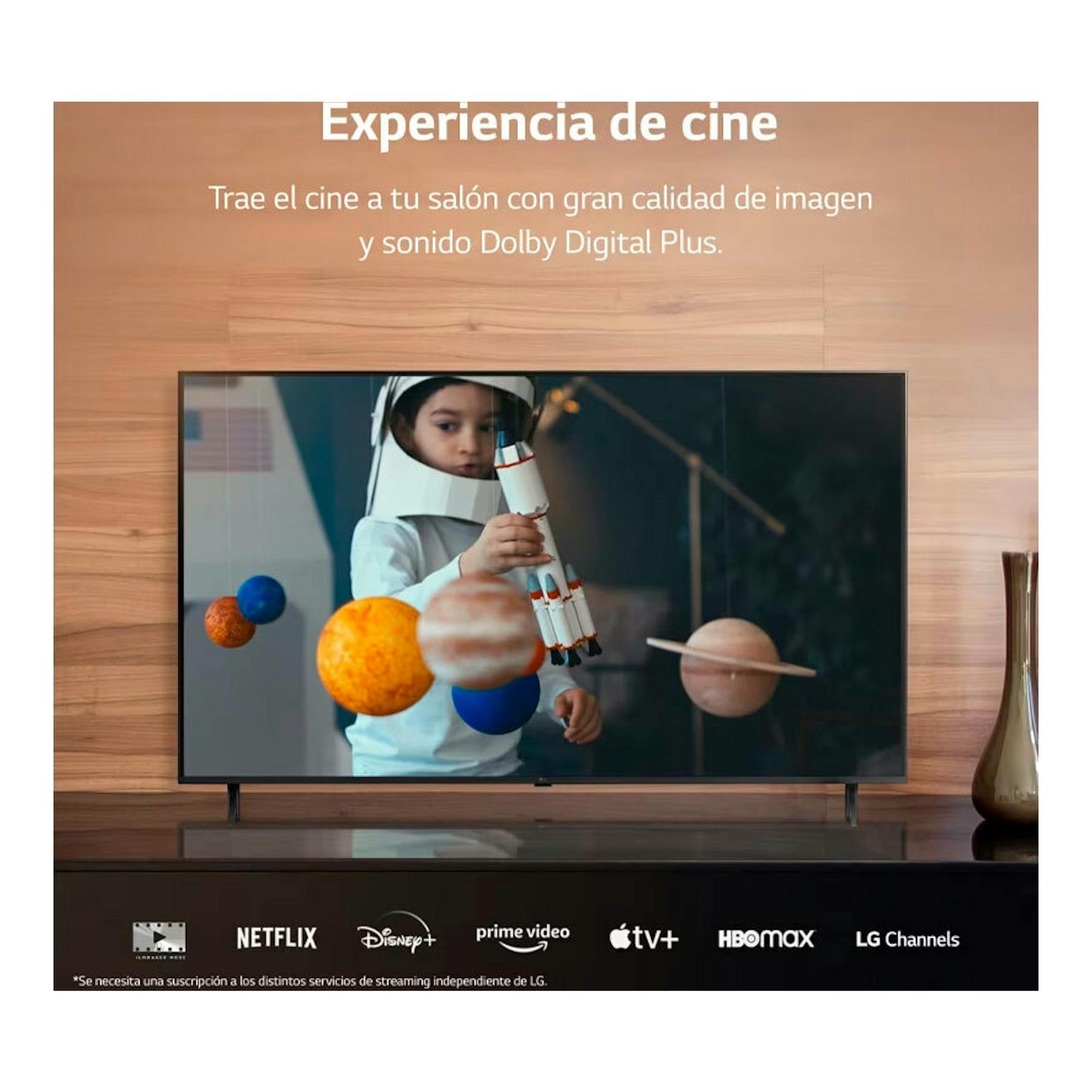Televisor LG 65UR78006LK 4K de 65 pulgadas, vista frontal, mostrando un niño astronauta en pantalla.