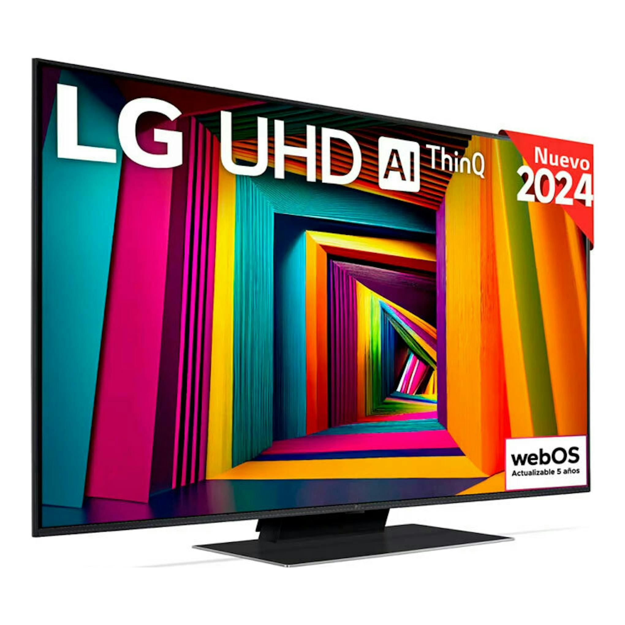 Televisor LG 65UT91006LA.AEU, vista frontal en ángulo, negro, con soporte central y pantalla LG UHD AI ThinQ.