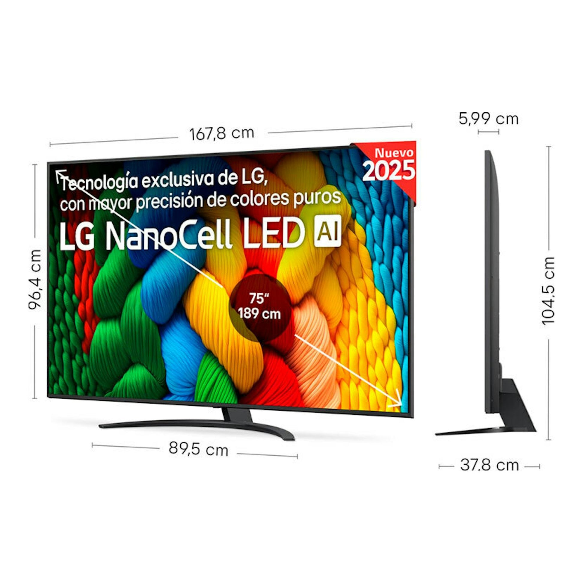 TV LG 75NANO81A6A NanoCell LED AI de 75", en vista frontal y lateral, con medidas y soporte negro.