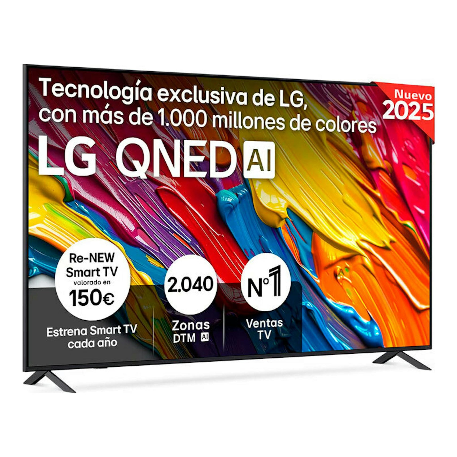 Televisor LG 75QNED82A6B QNED, vista frontal en ángulo, pantalla con gráfico abstracto multicolor y base negra.