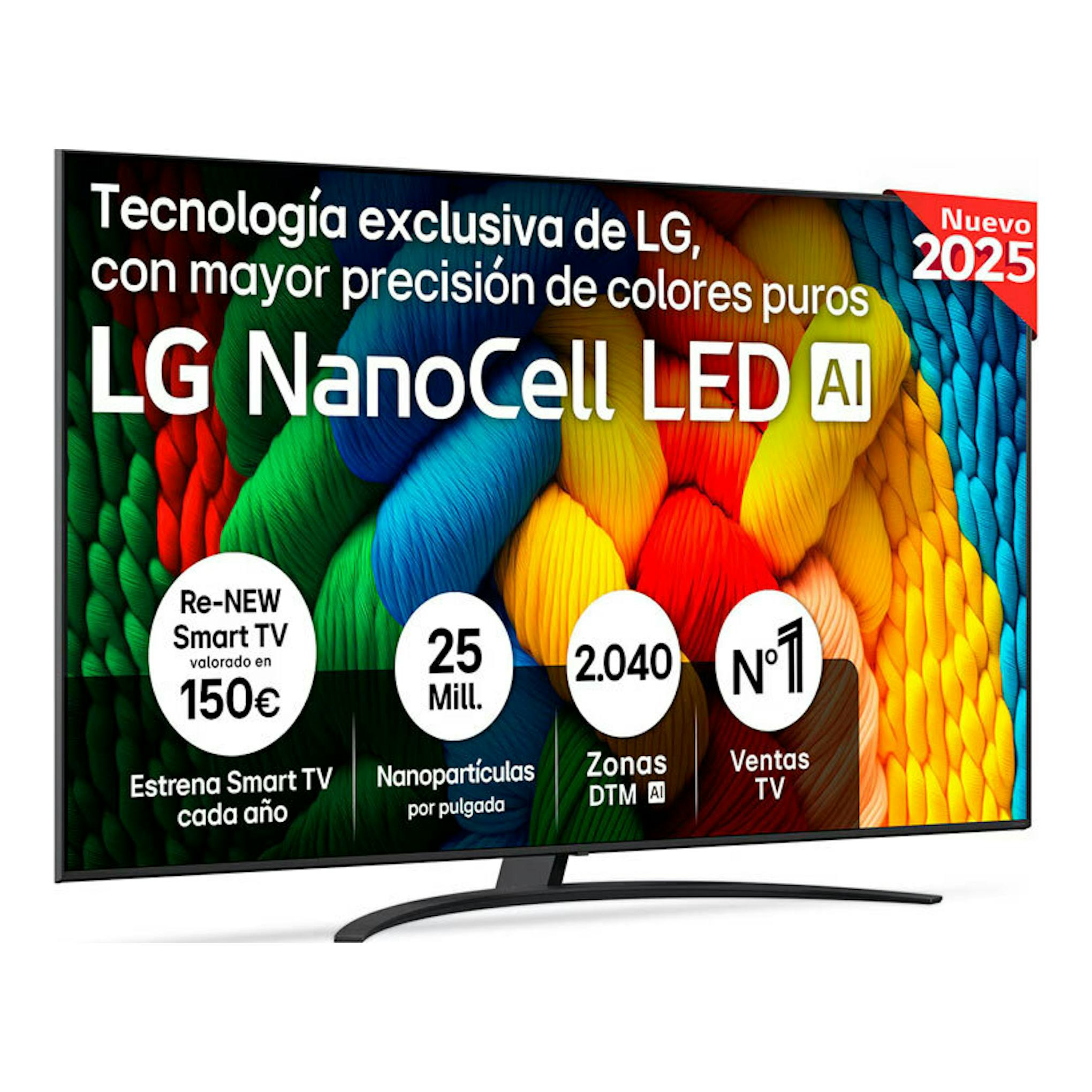 TV LG 86NANO81A6A NanoCell LED AI, vista en ángulo, pantalla negra con imagen multicolor y peana curva.