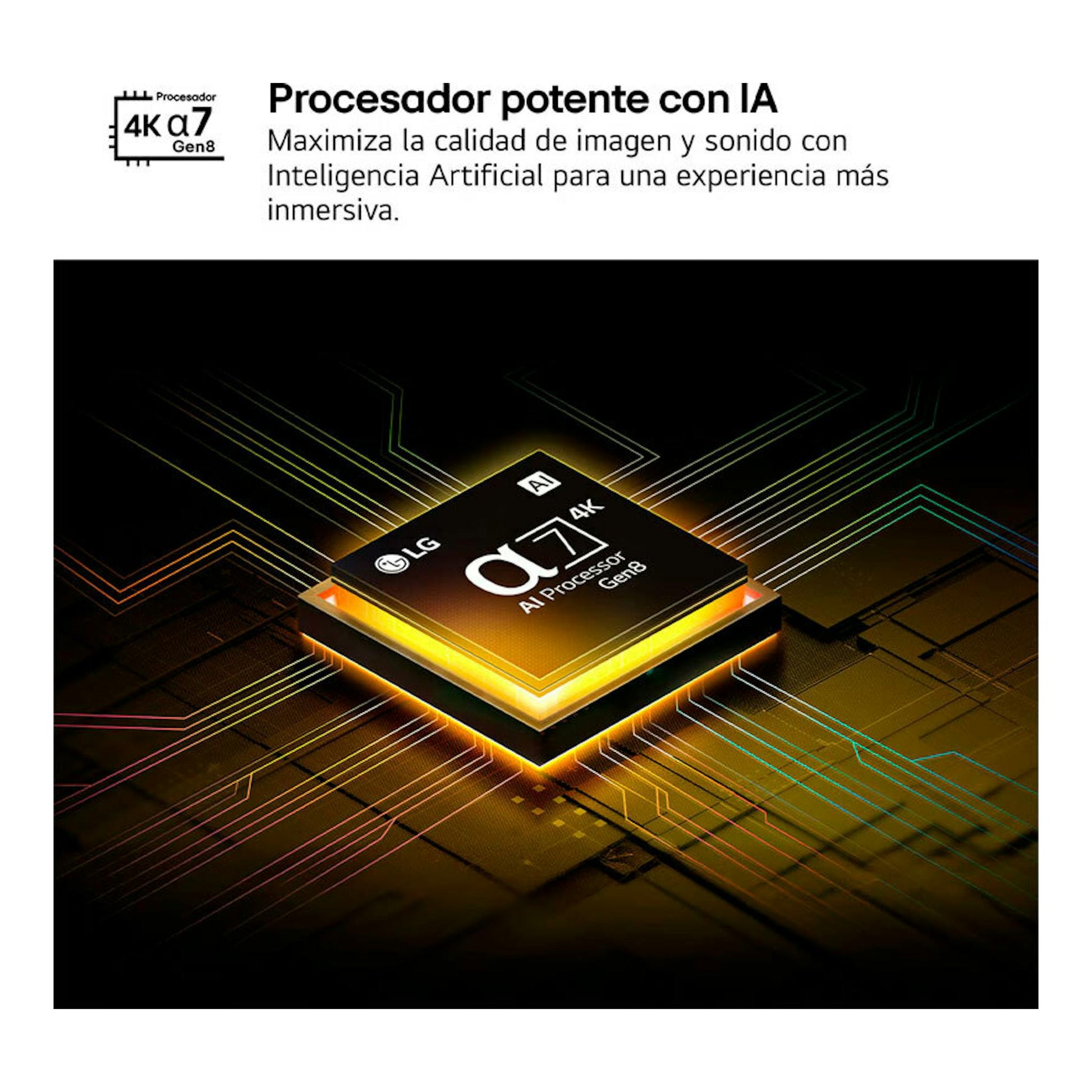 Imagen promocional del chip LG α7 AI Processor 4K Gen8 con texto sobre IA y fondo negro.