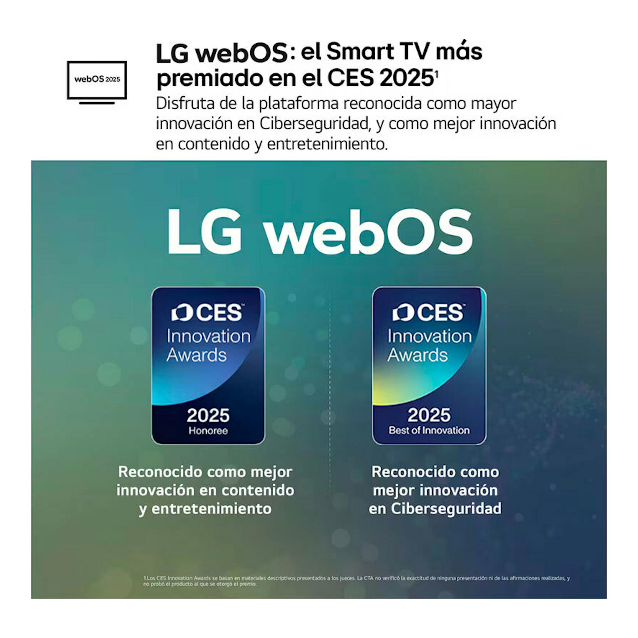 Gráfico promocional de LG webOS con premios CES 2025 y textos sobre contenido, entretenimiento y ciberseguridad.