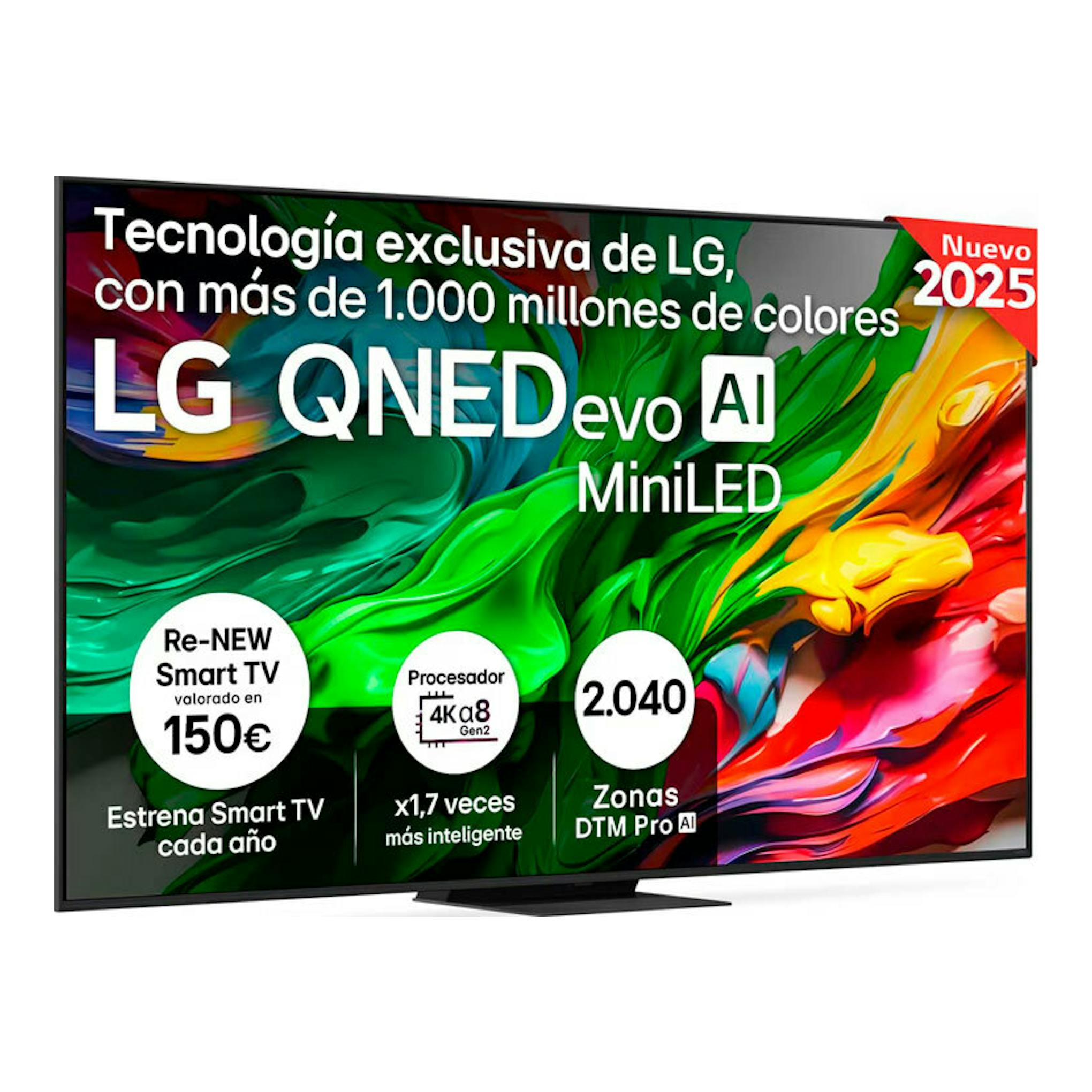 Televisor LG QNED evo AI MiniLED, vista frontal, con pantalla multicolor y base central negra.