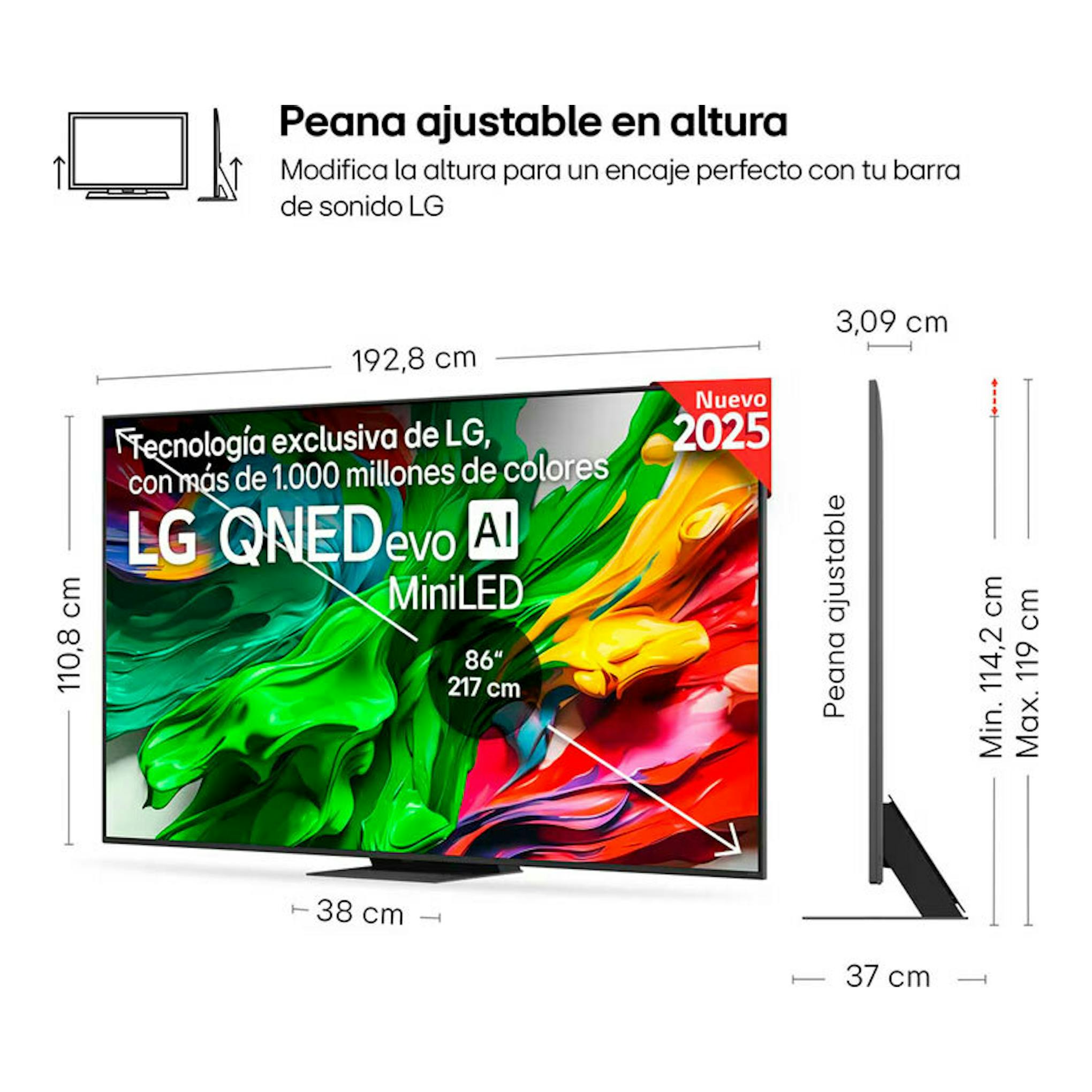 Infografía del televisor LG 86QNED86A6A QNED evo AI MiniLED 86", vista frontal y lateral, con medidas.