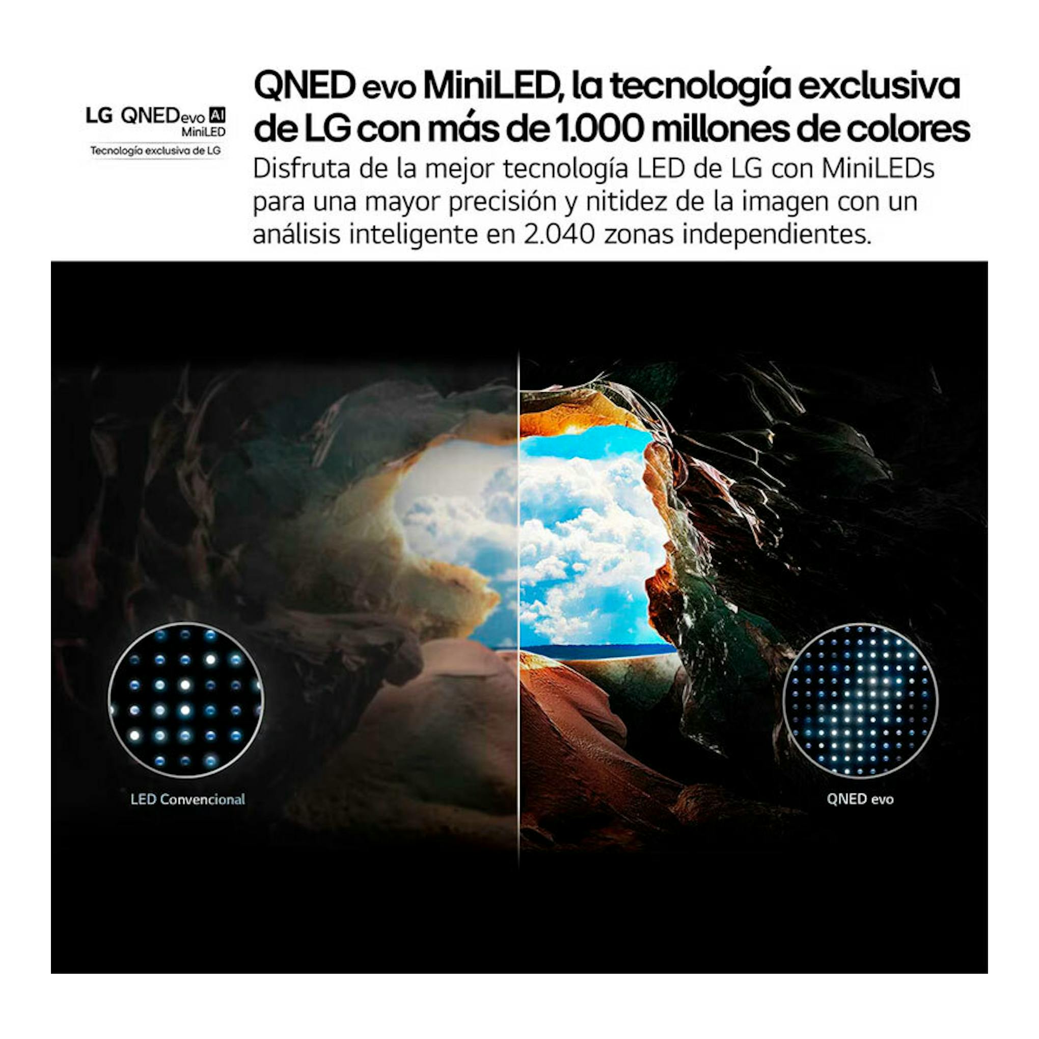 Gráfico promocional de LG QNED evo MiniLED con comparación LED convencional y QNED evo en una cueva.