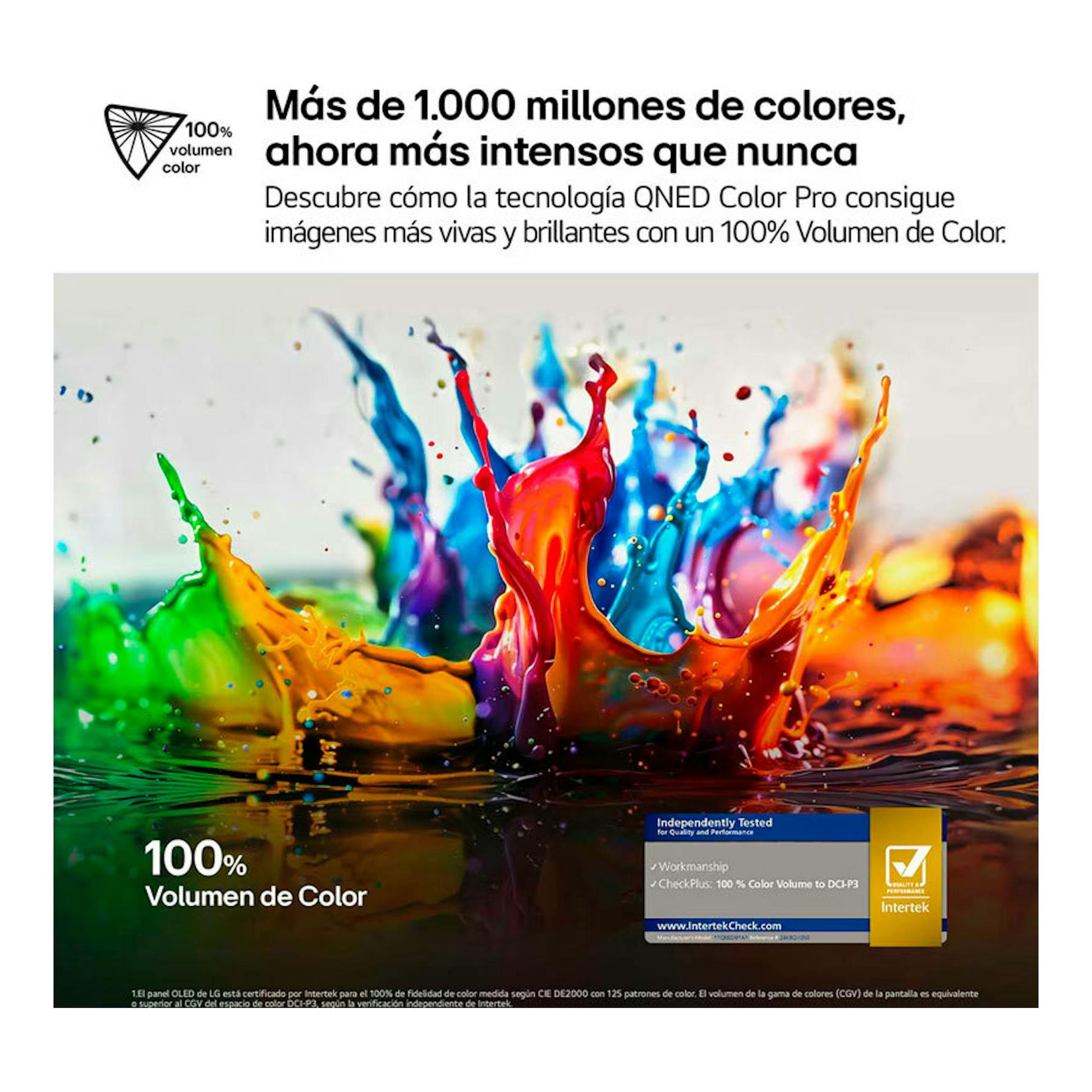 Cartel promocional de LG QNED con salpicadura de pintura multicolor y texto sobre 100% volumen de color.