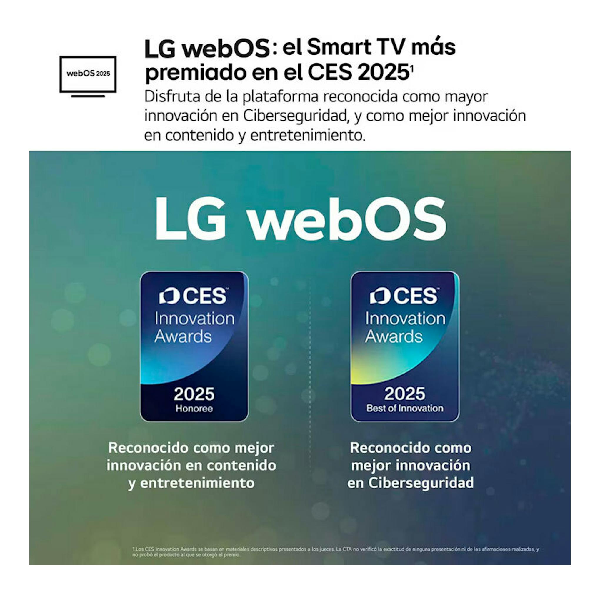 Gráfico promocional de LG webOS con premios CES 2025 y dos distintivos de innovación.