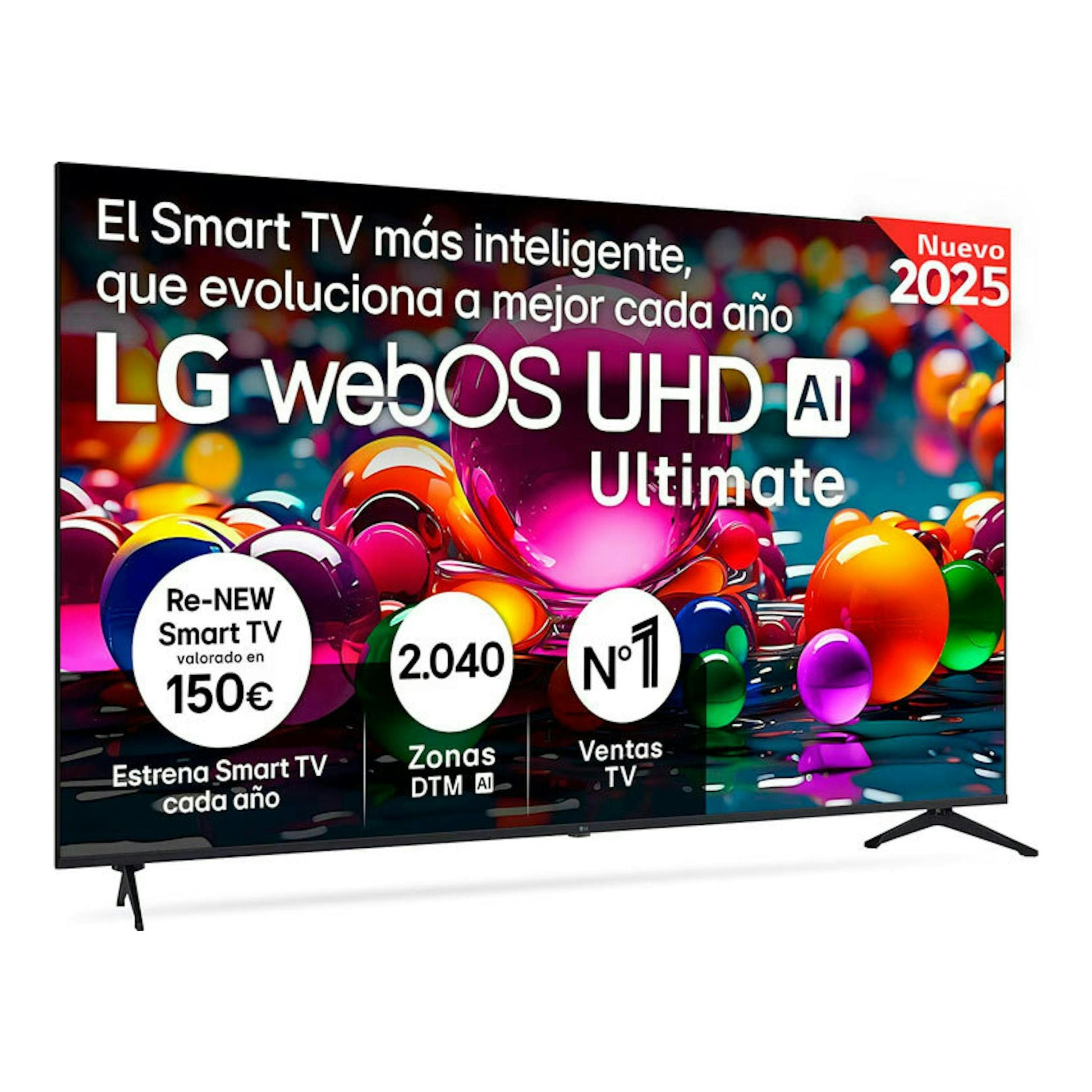 Televisor LG 86UA75006LA.AEUQ, vista frontal, negro, con peana, webOS UHD AI Ultimate y sello Nuevo 2025.