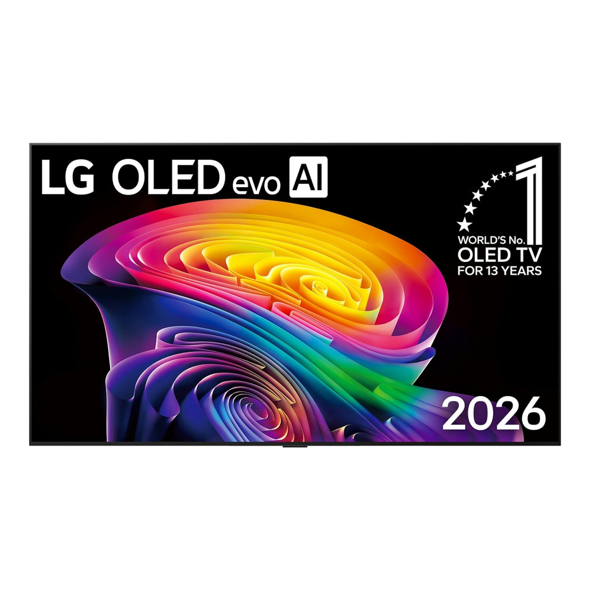Televisor LG OLED55C64LA.AEU, vista frontal, pantalla negra con gráfico abstracto multicolor sobre fondo blanco.