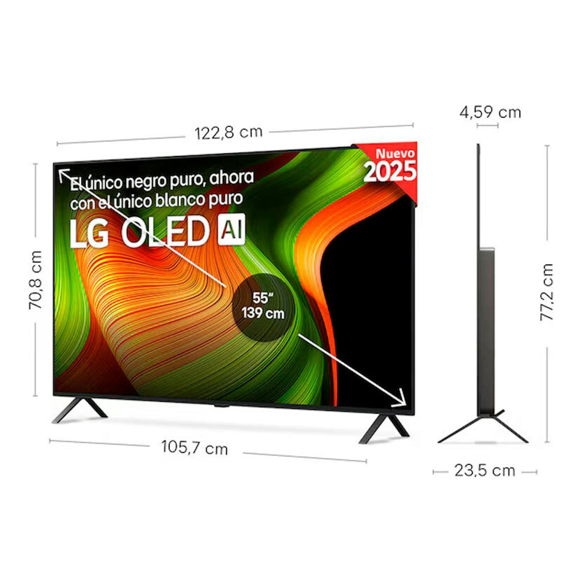 LG OLED55B56LA TV OLED 55", vista frontal y lateral, negro, con base y medidas del producto.