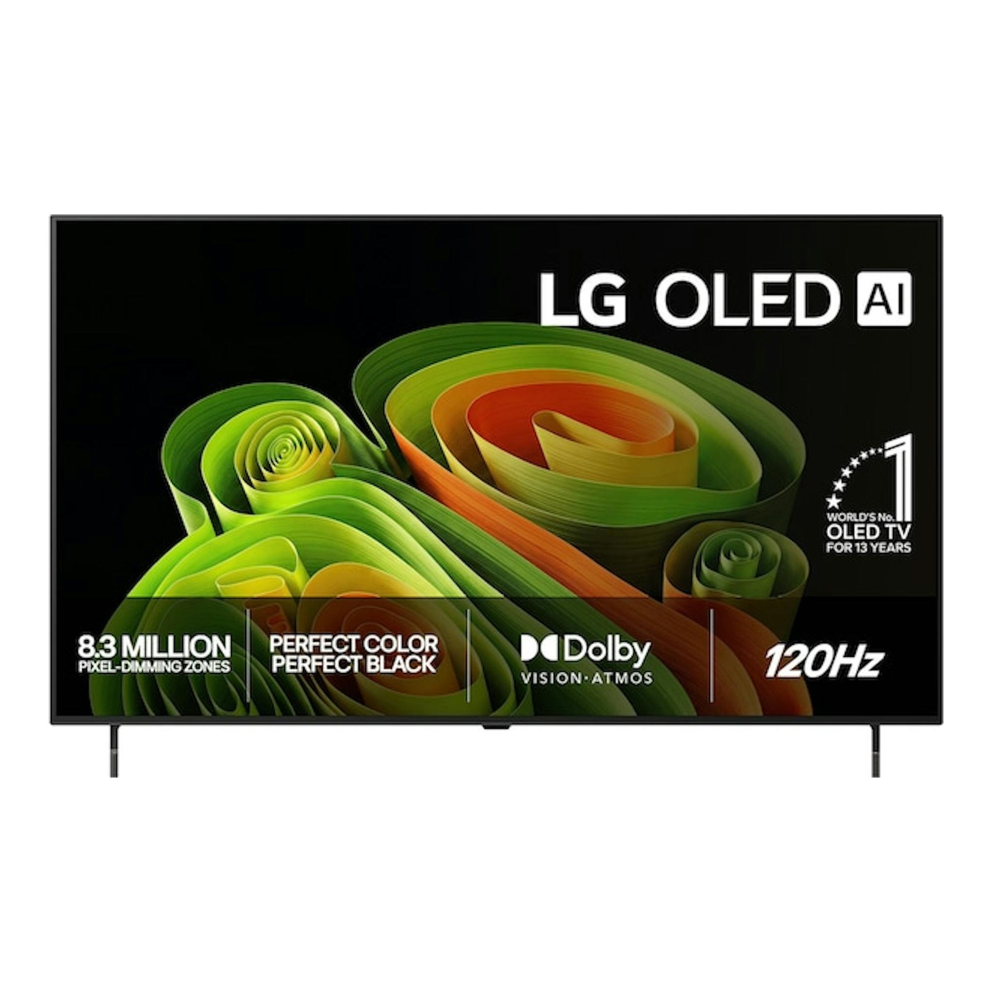 Televisor LG OLED AI, vista frontal, negro, con gráfico abstracto verde y naranja en pantalla.