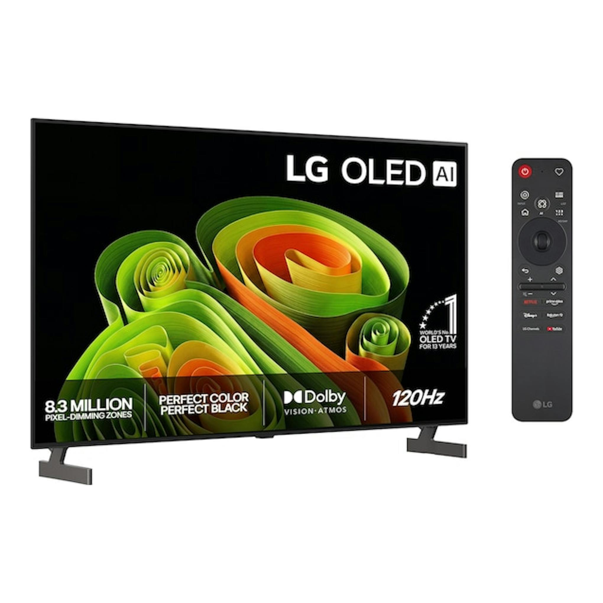 Televisor LG OLED55B6ELC.AEU, vista frontal, con mando a distancia, sobre fondo blanco.