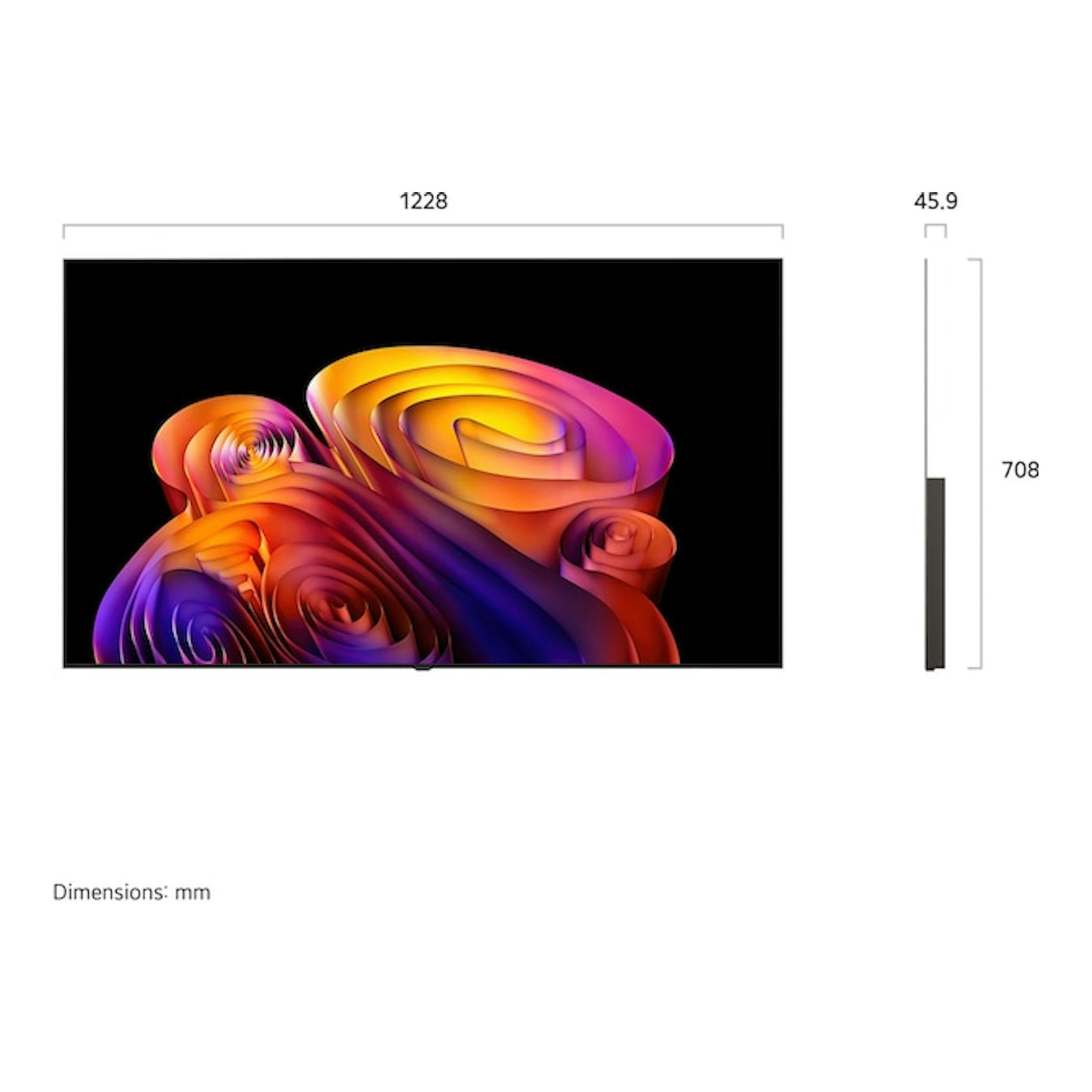 Televisor LG OLED55B6ELC.AEU en vista frontal y lateral, con medidas en mm y pantalla negra.