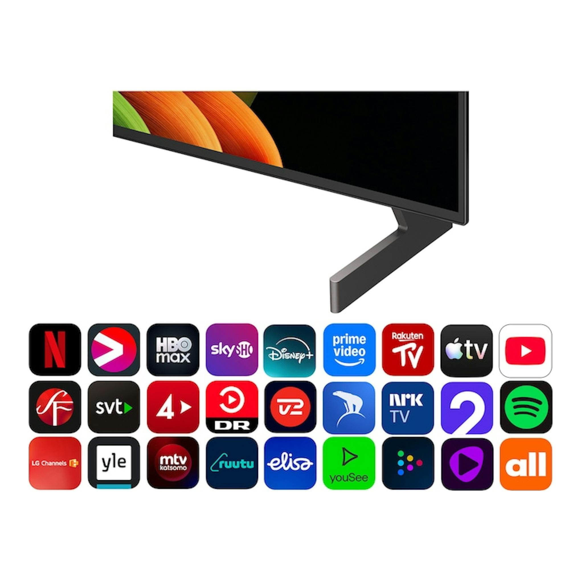 Televisor LG OLED55B6ELC.AEU negro, vista en ángulo lateral, con peana y apps en pantalla.
