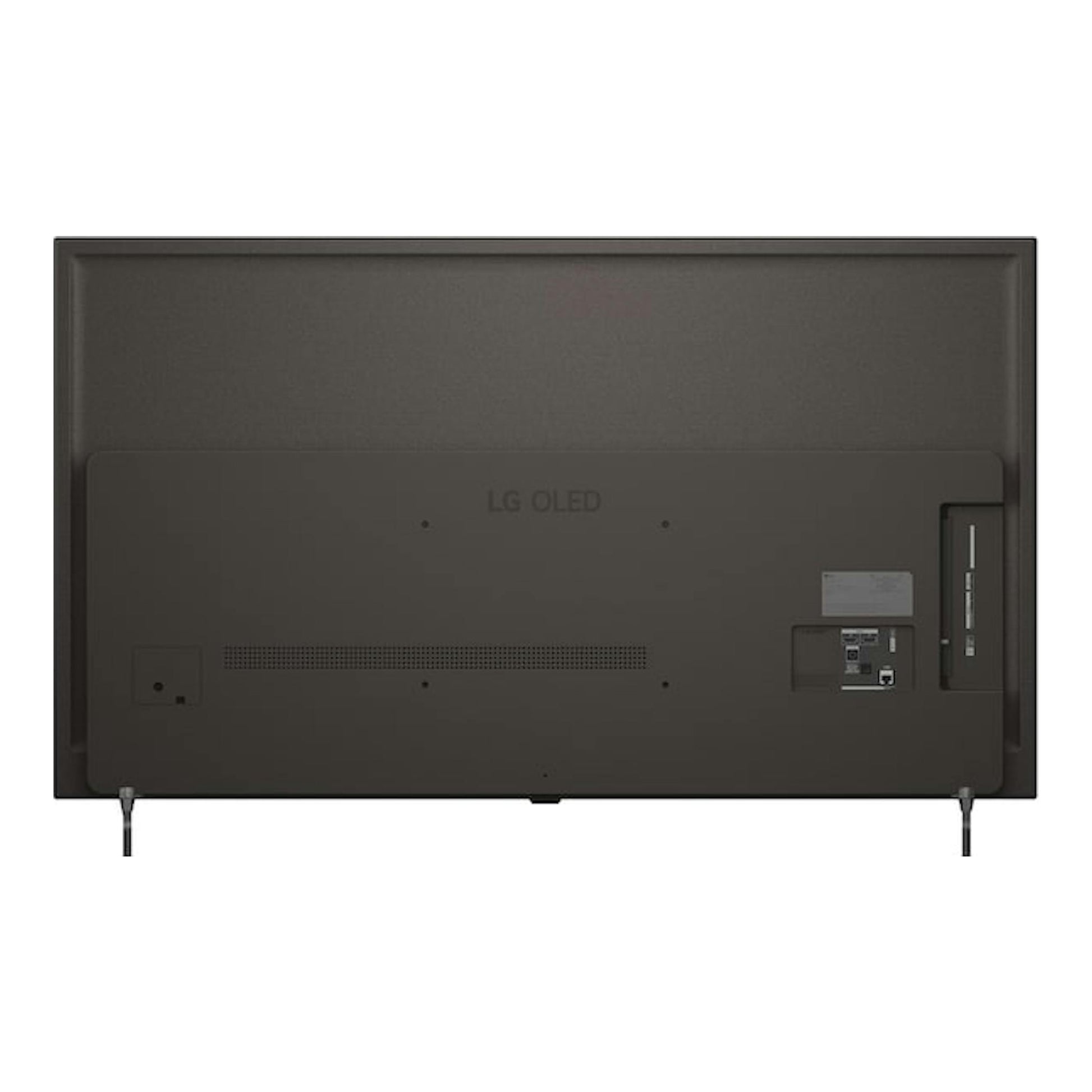 Vista trasera de un televisor LG OLED55B6ELC.AEU negro, con patas inferiores visibles.