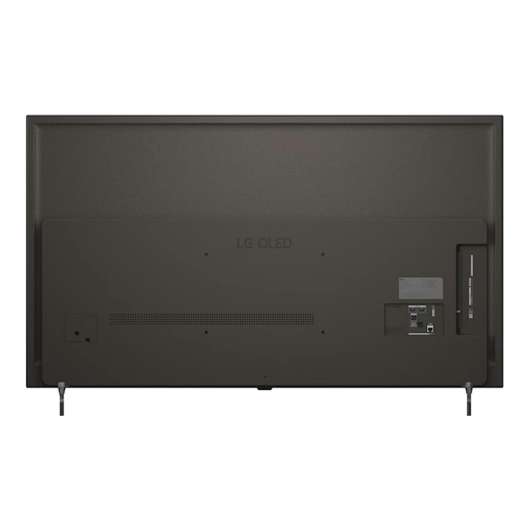 Vista trasera de un televisor LG OLED55B6ELC.AEU negro, con patas inferiores visibles.