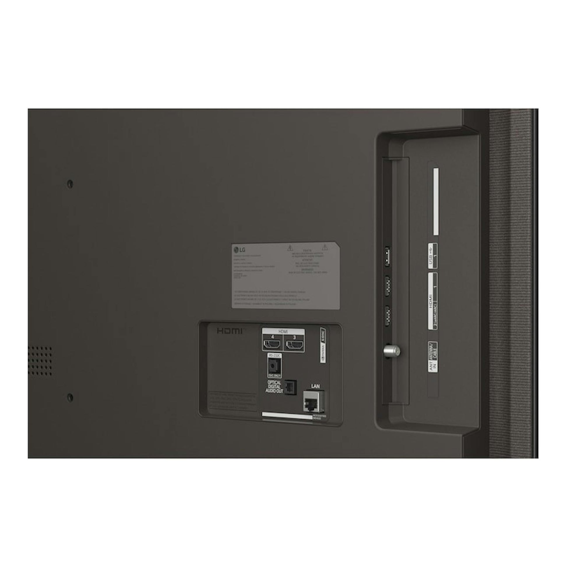 Parte trasera de un televisor LG OLED55B6ELC.AEU negro, con puertos HDMI, LAN y óptico.