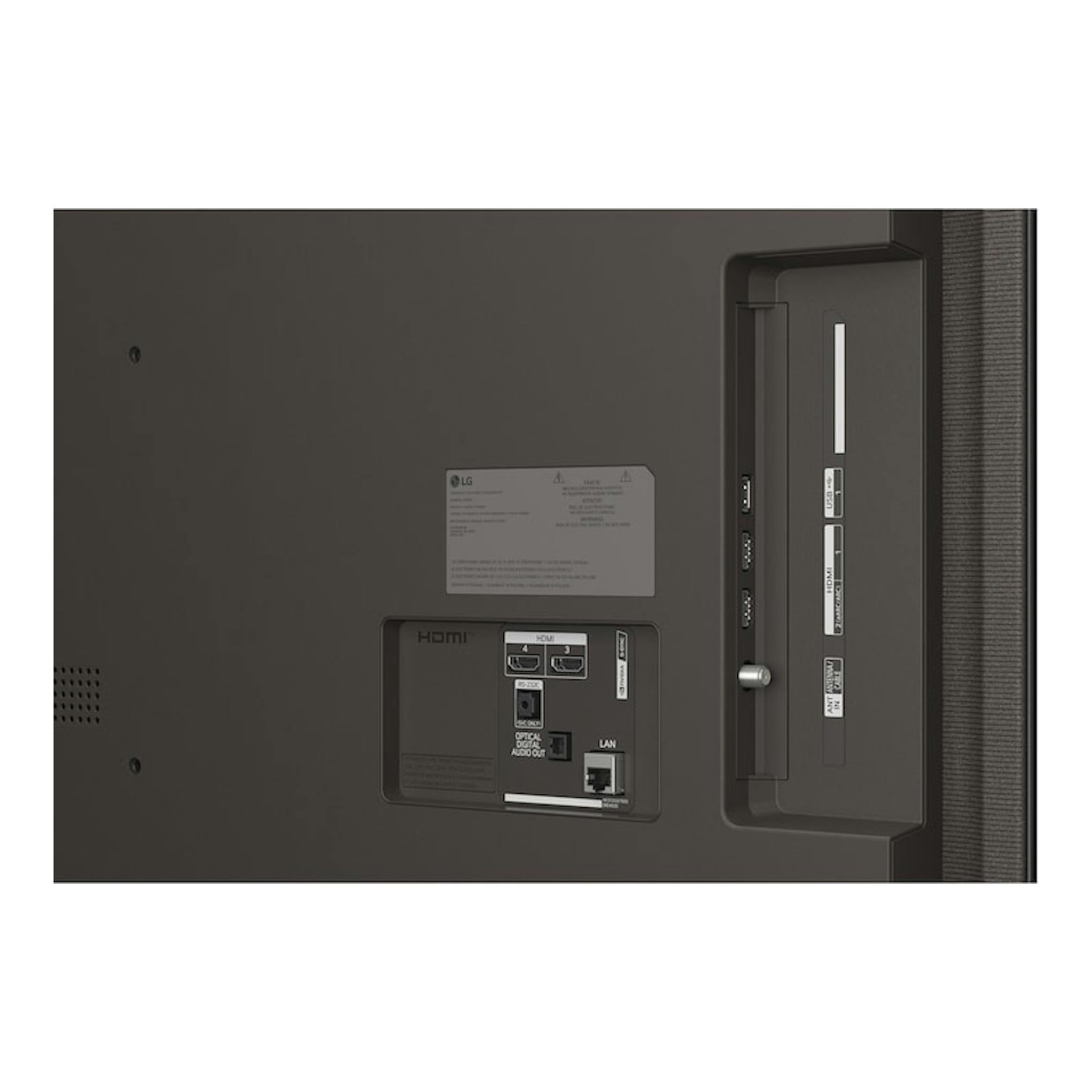 Parte trasera de un televisor LG OLED55B6ELC.AEU negro, con puertos HDMI, LAN y óptico.