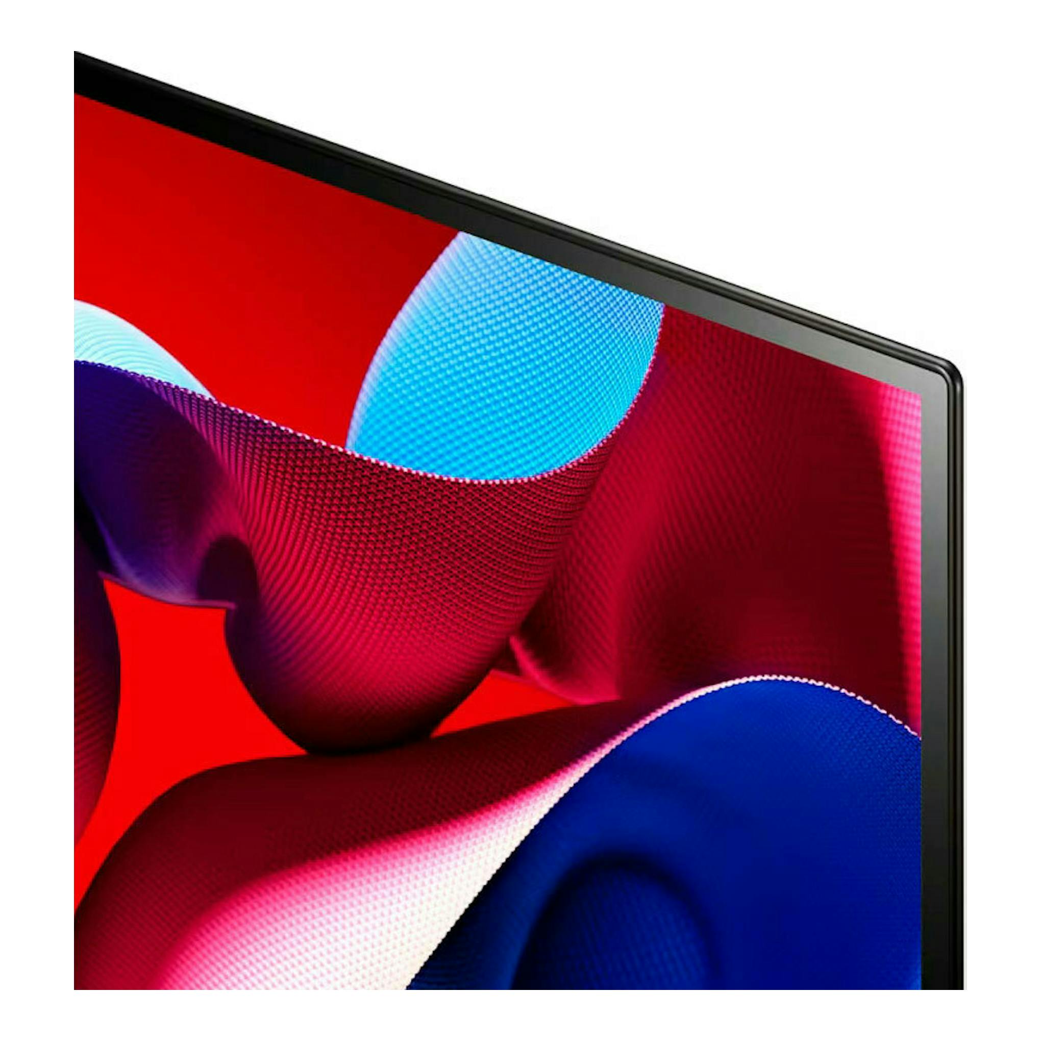 TV LG OLED55C44LA.AEU en vista inclinada, con pantalla abstracta roja, azul y morada y marco negro fino.