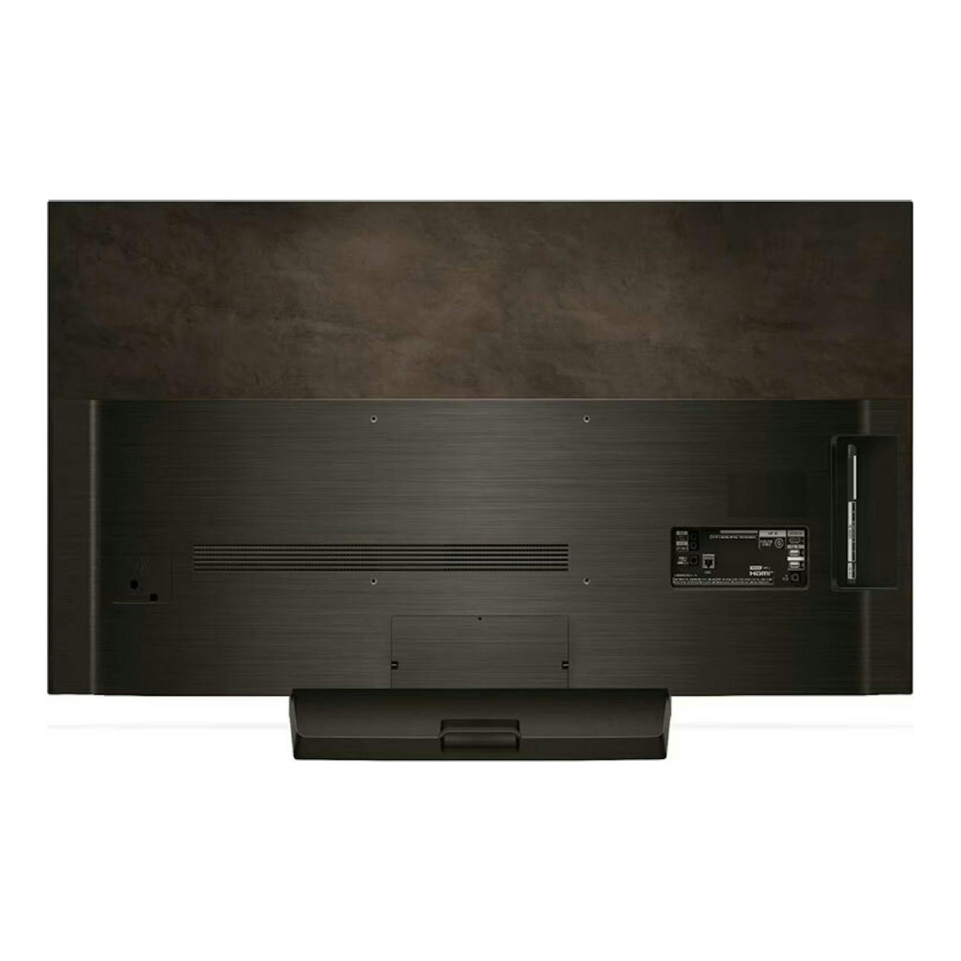 Televisor LG OLED55C44LA.AEU visto por detrás, en color negro, con base central y panel trasero.
