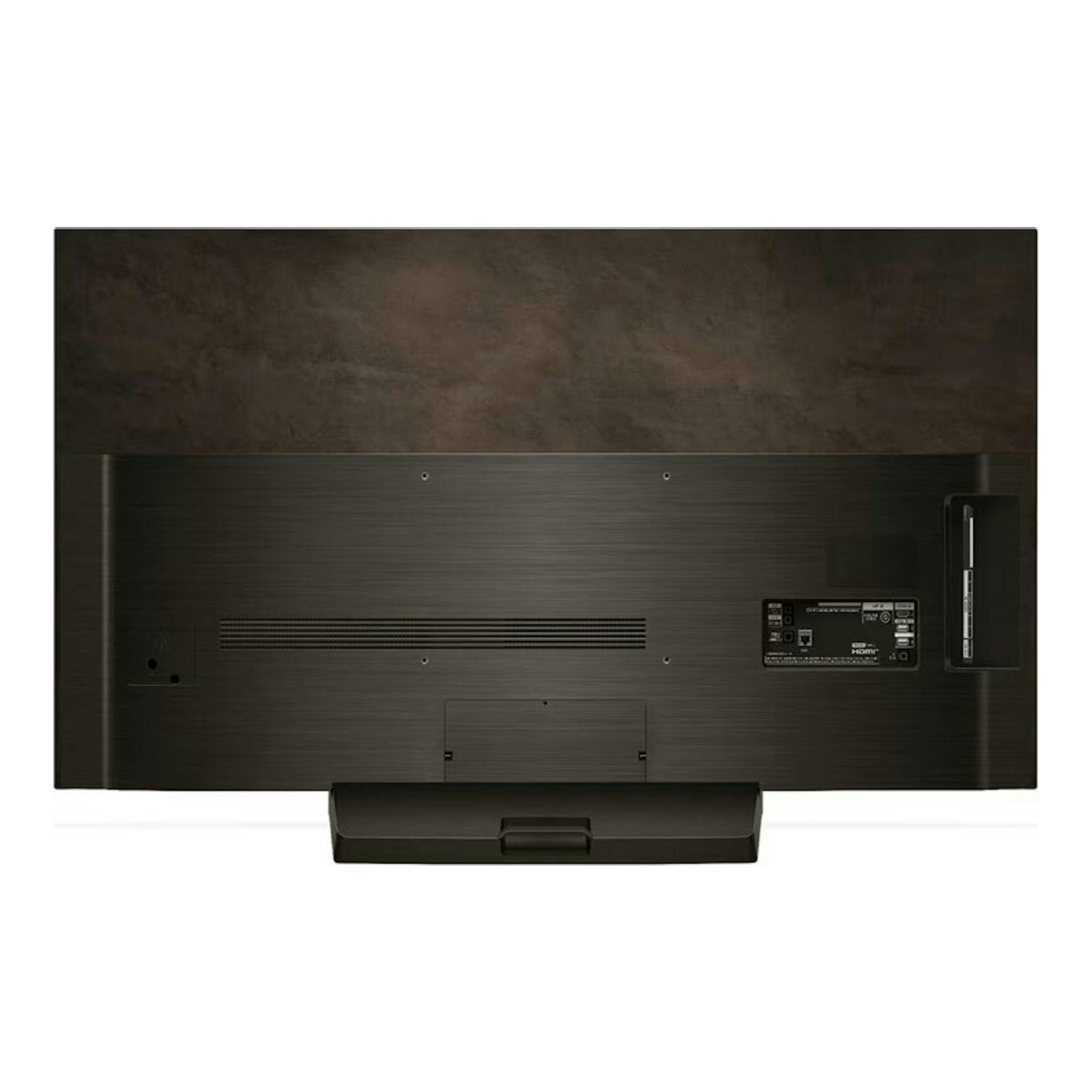 Televisor LG OLED55C44LA.AEU visto por detrás, en color negro, con base central y panel trasero.